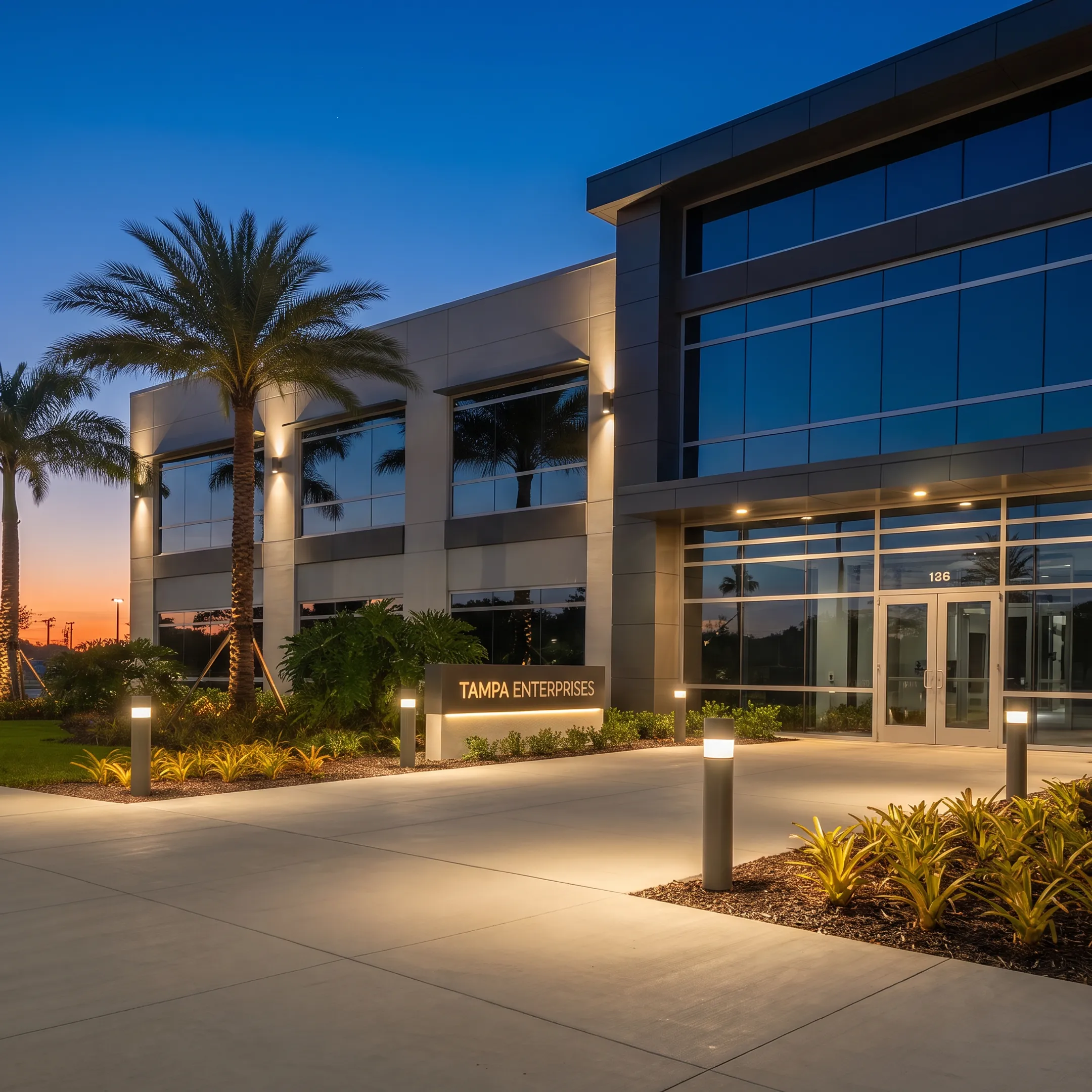 Well-lit commercial property entrance at night