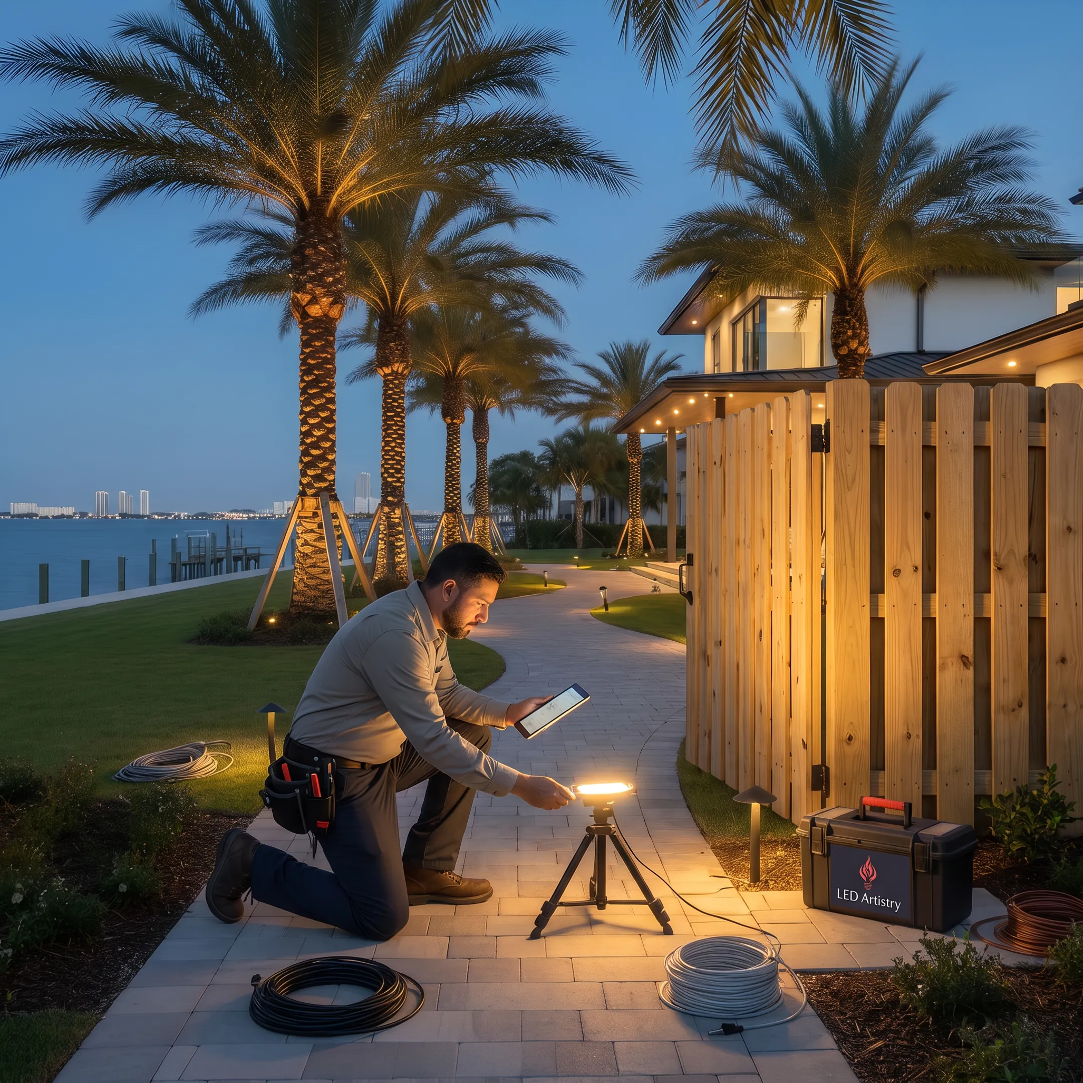 Lighting designer planning fence perimeter fixtures