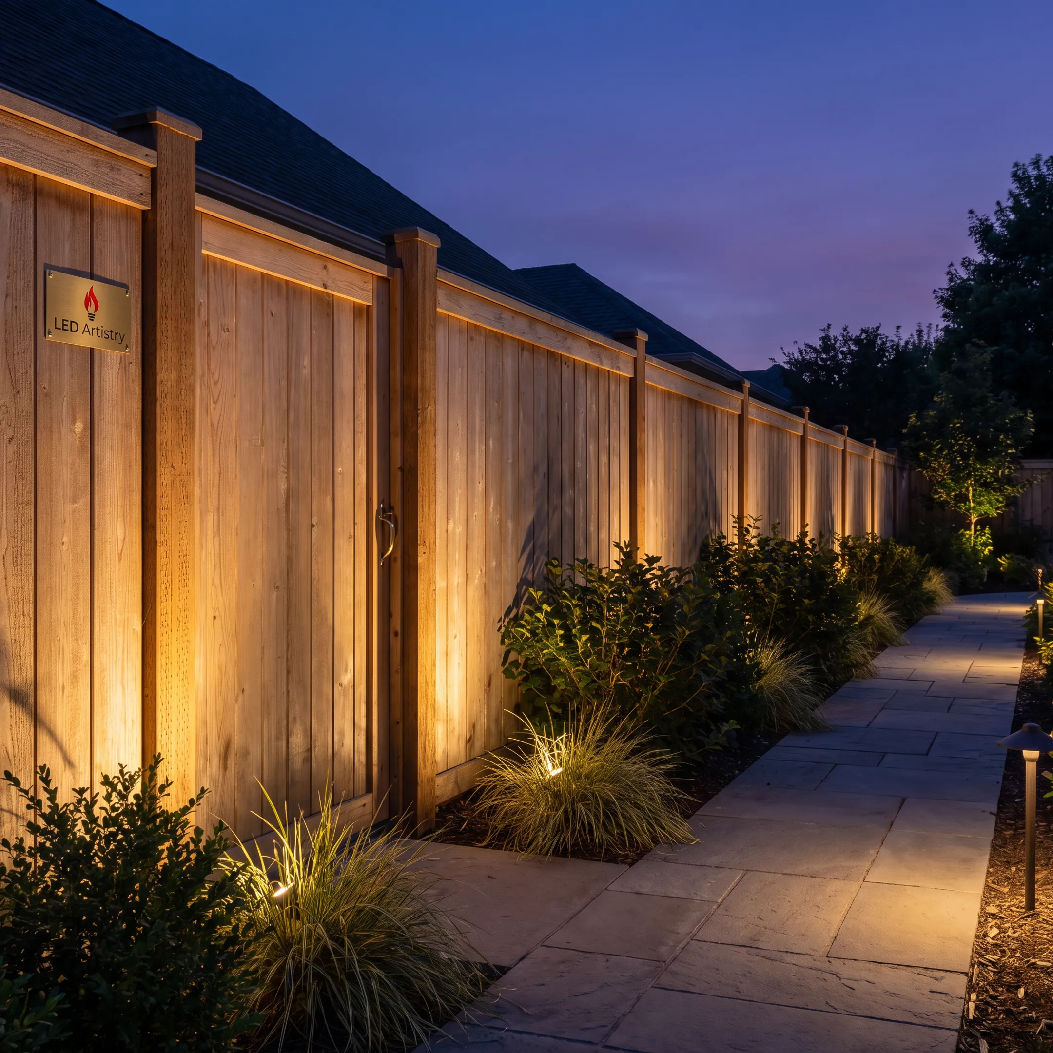 LED lighting along a residential fence perimeter