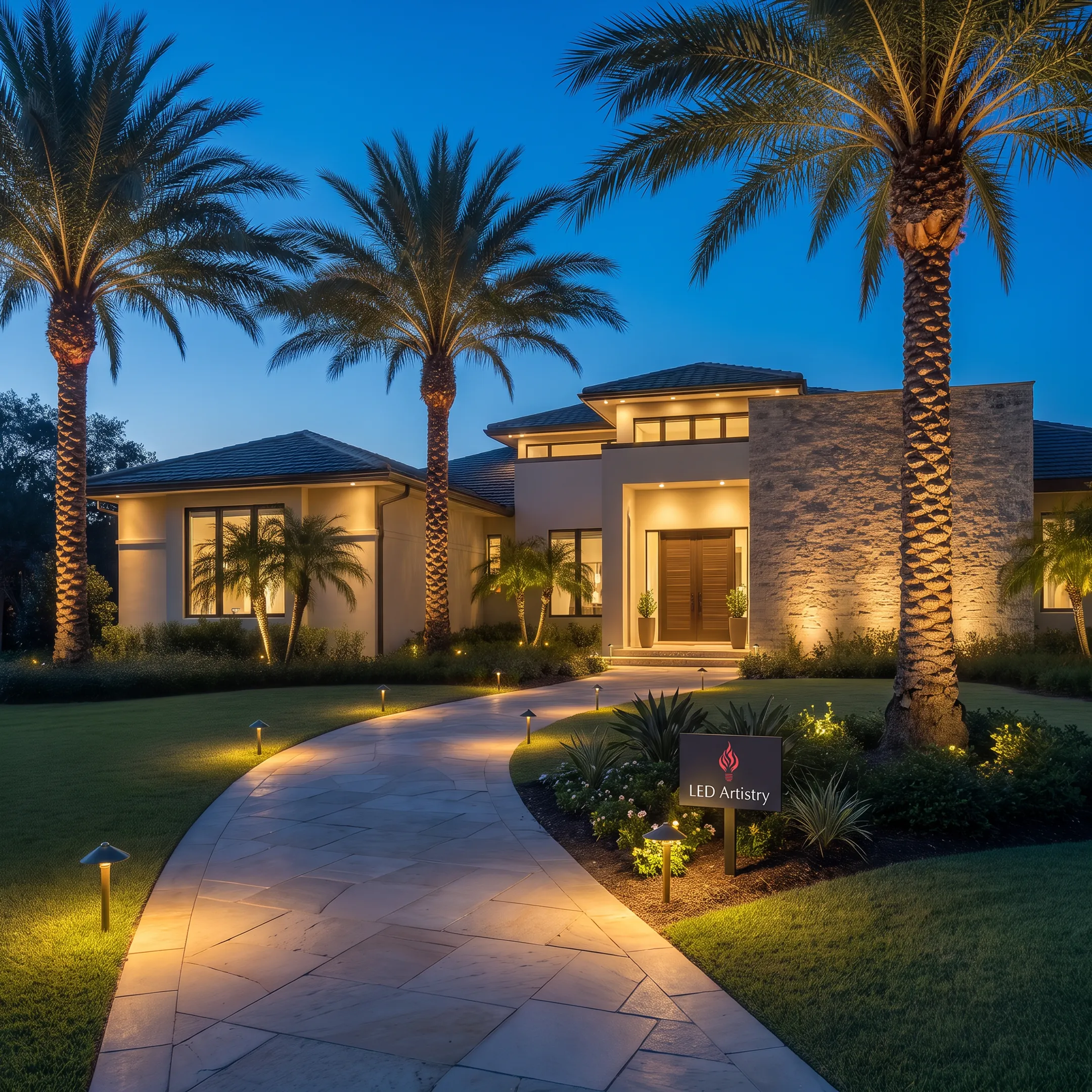 Custom outdoor lighting highlighting a landscaped property at night