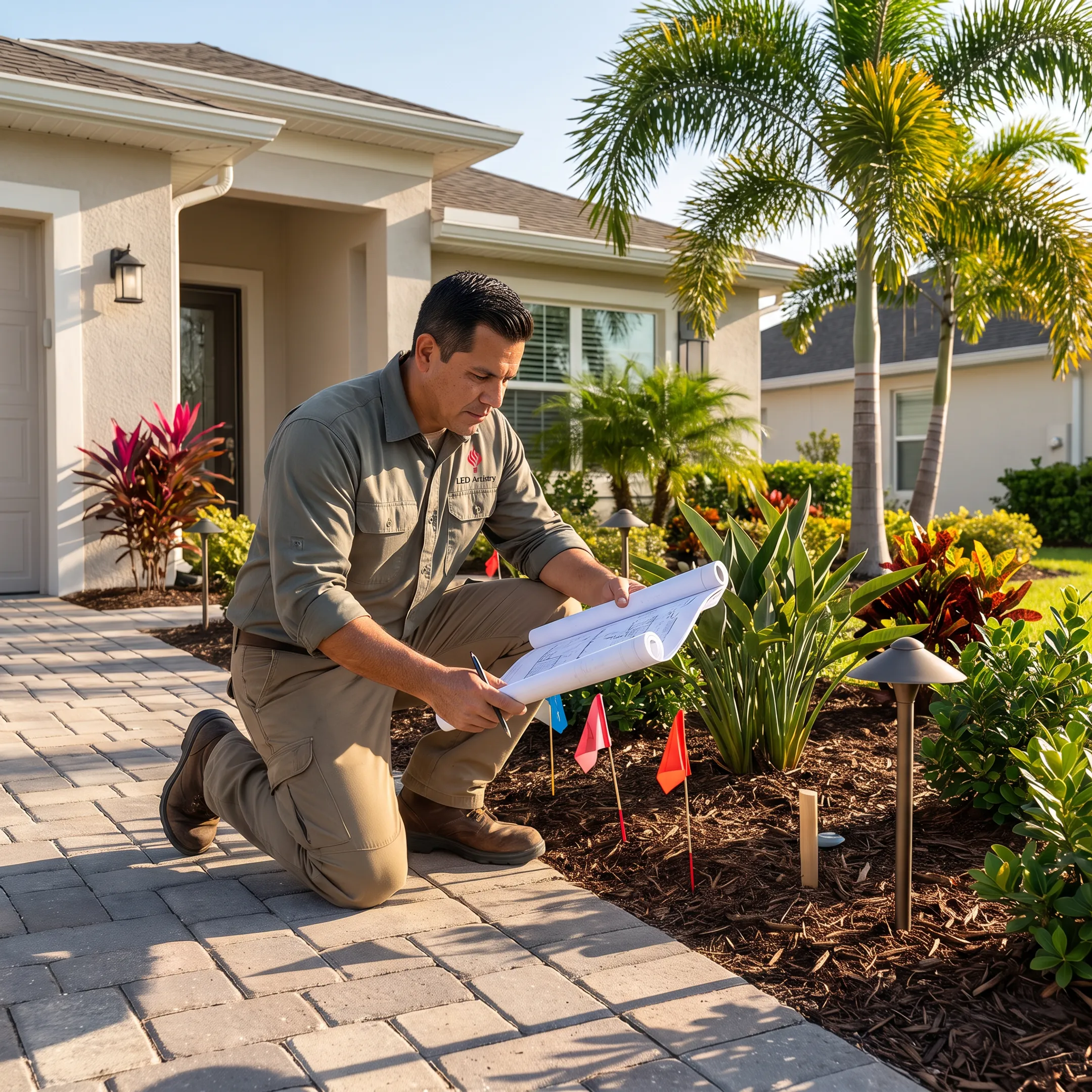Lighting designer reviewing exterior LED fixture placement