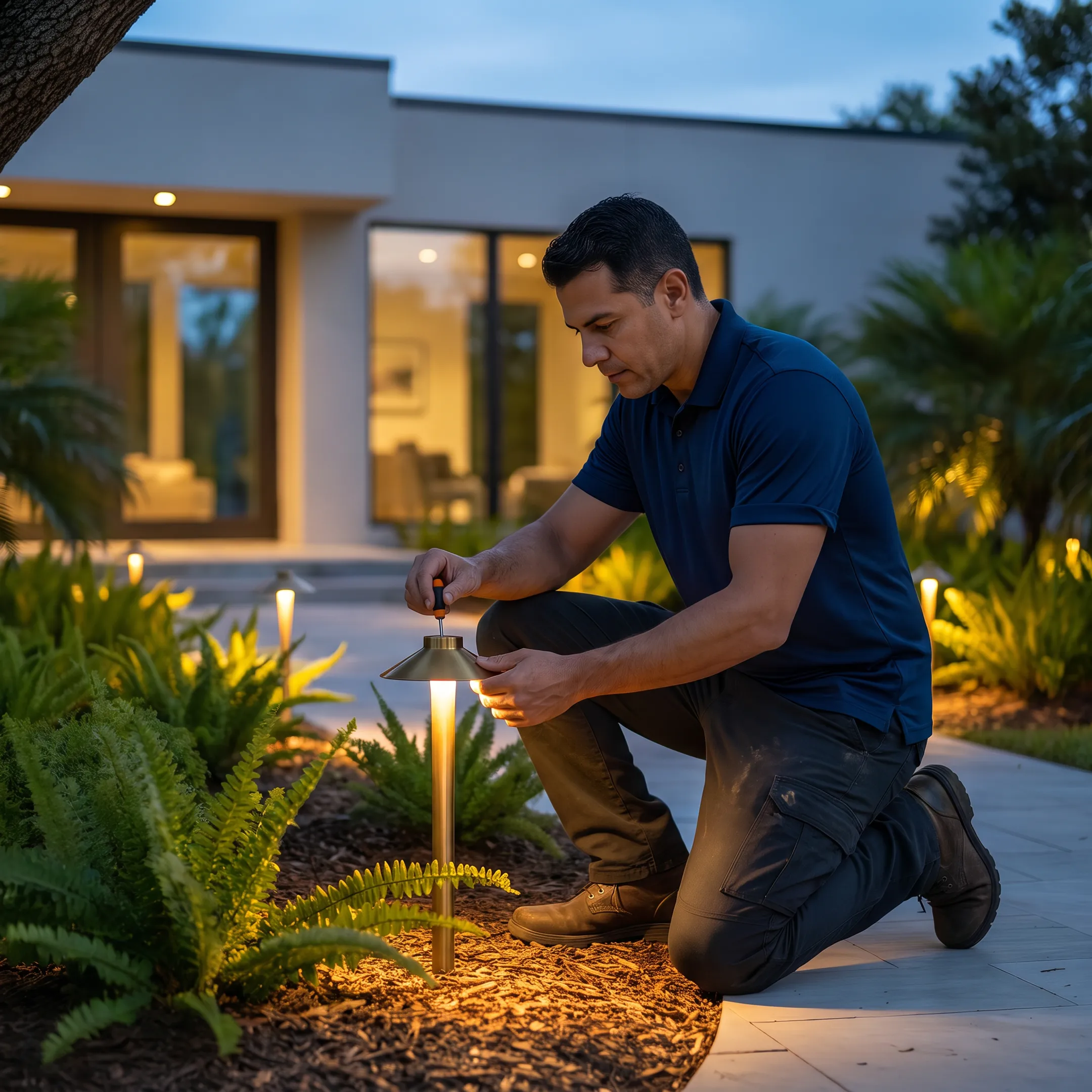 Lighting designer adjusting landscape fixtures at night