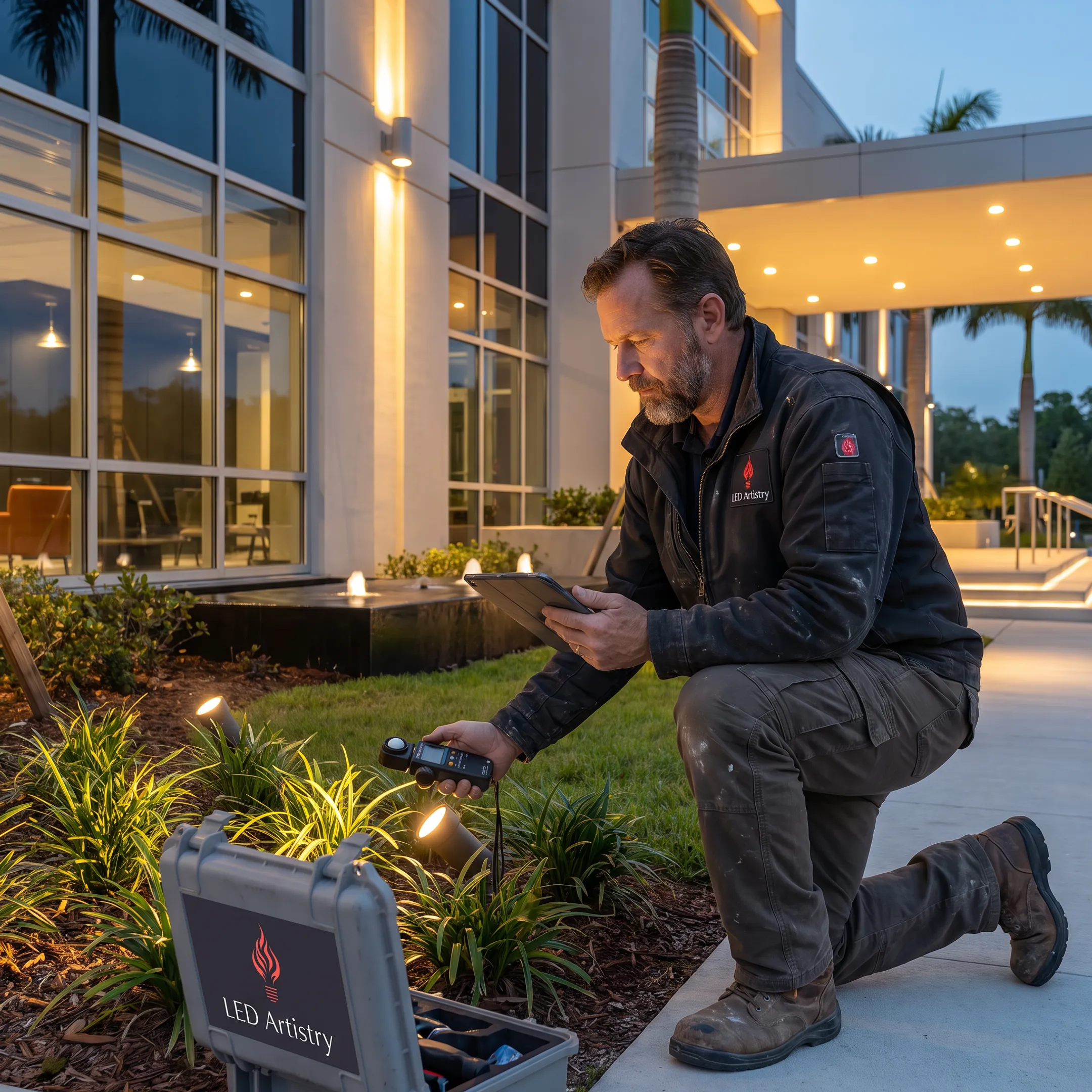 Lighting designer reviewing commercial exterior LED fixtures