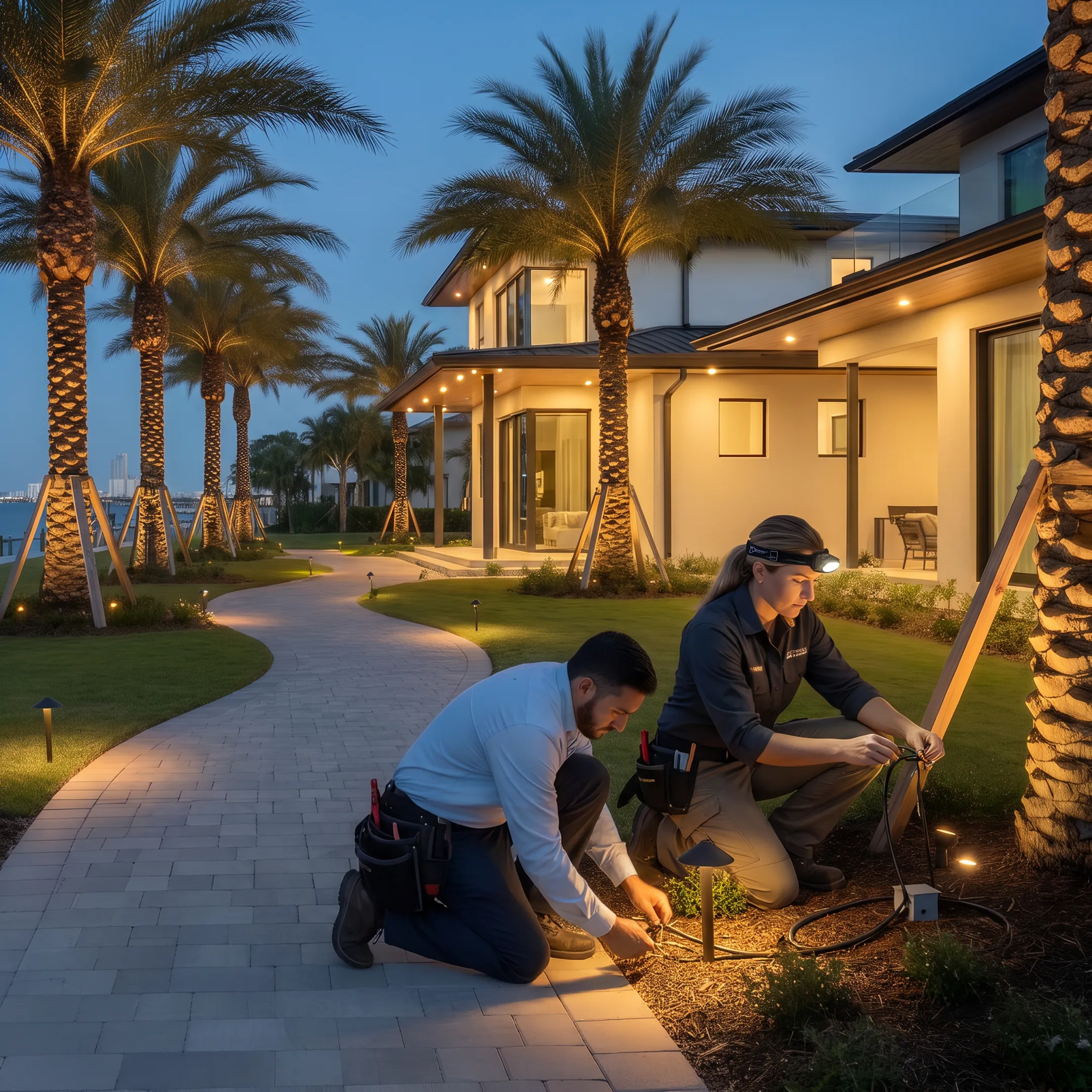 Lighting designer planning LED fixture placement outdoors