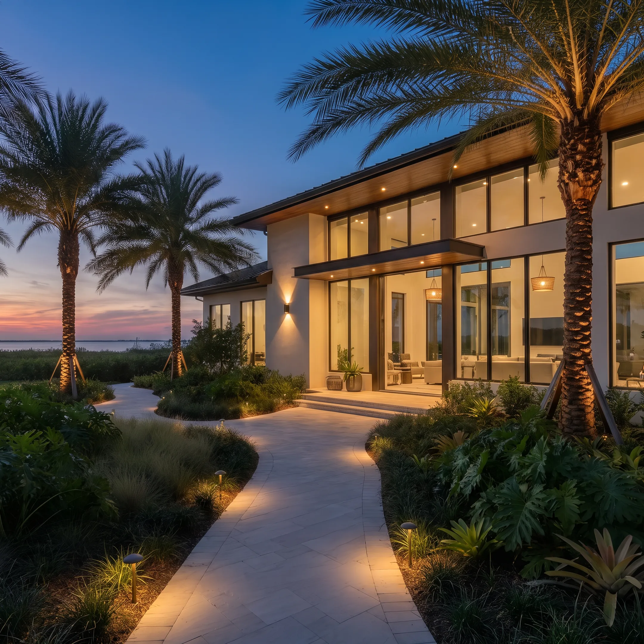 Elegant outdoor landscape and architectural lighting at a home