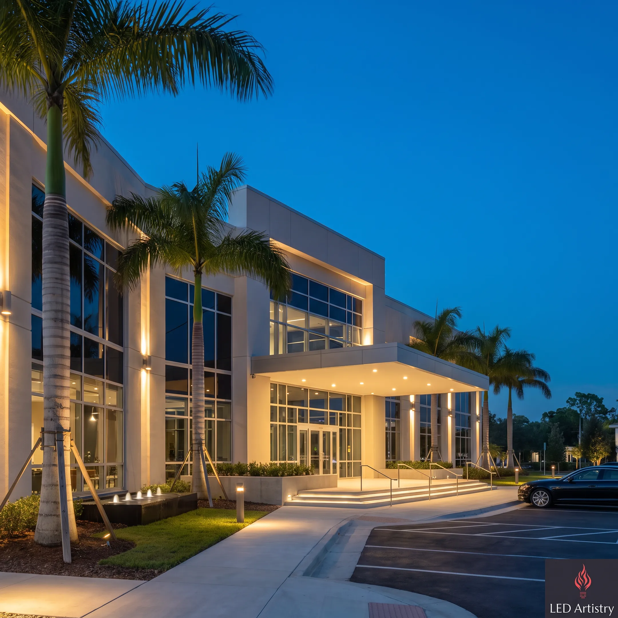 Commercial building illuminated with LED accent lighting