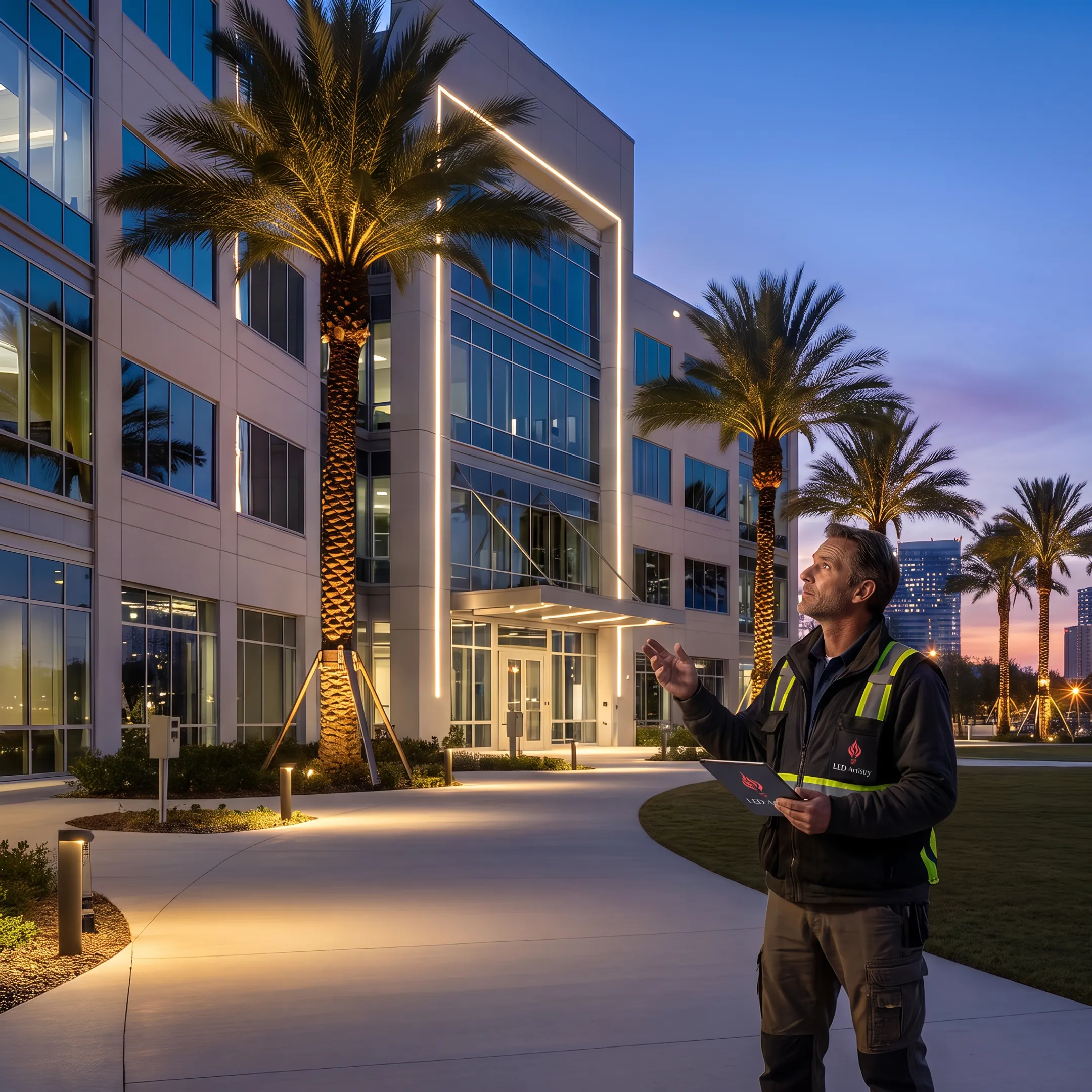 Designer planning LED lighting for a commercial exterior