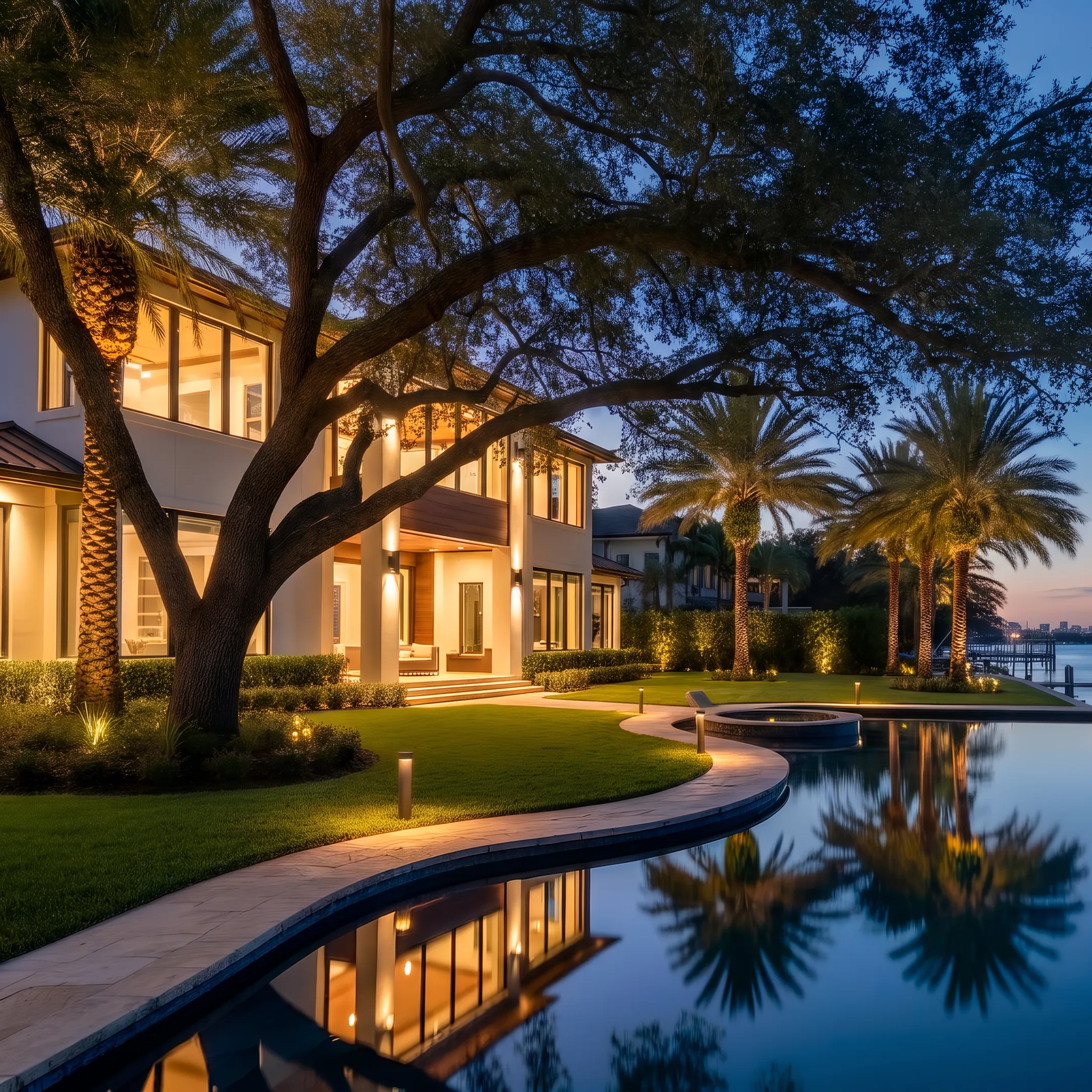 Illuminated Tampa home landscape at night