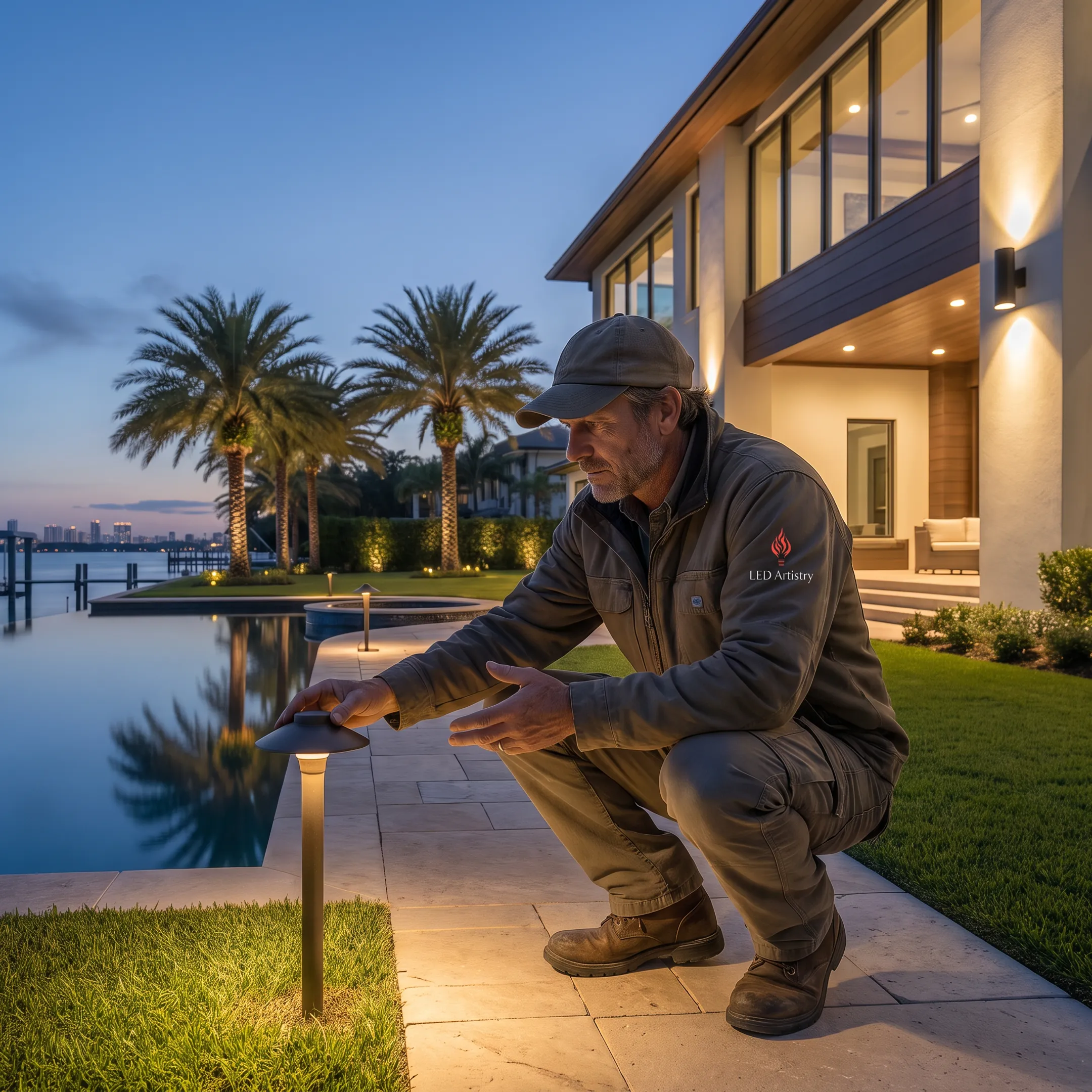 Lighting designer evaluating a Tampa home at dusk