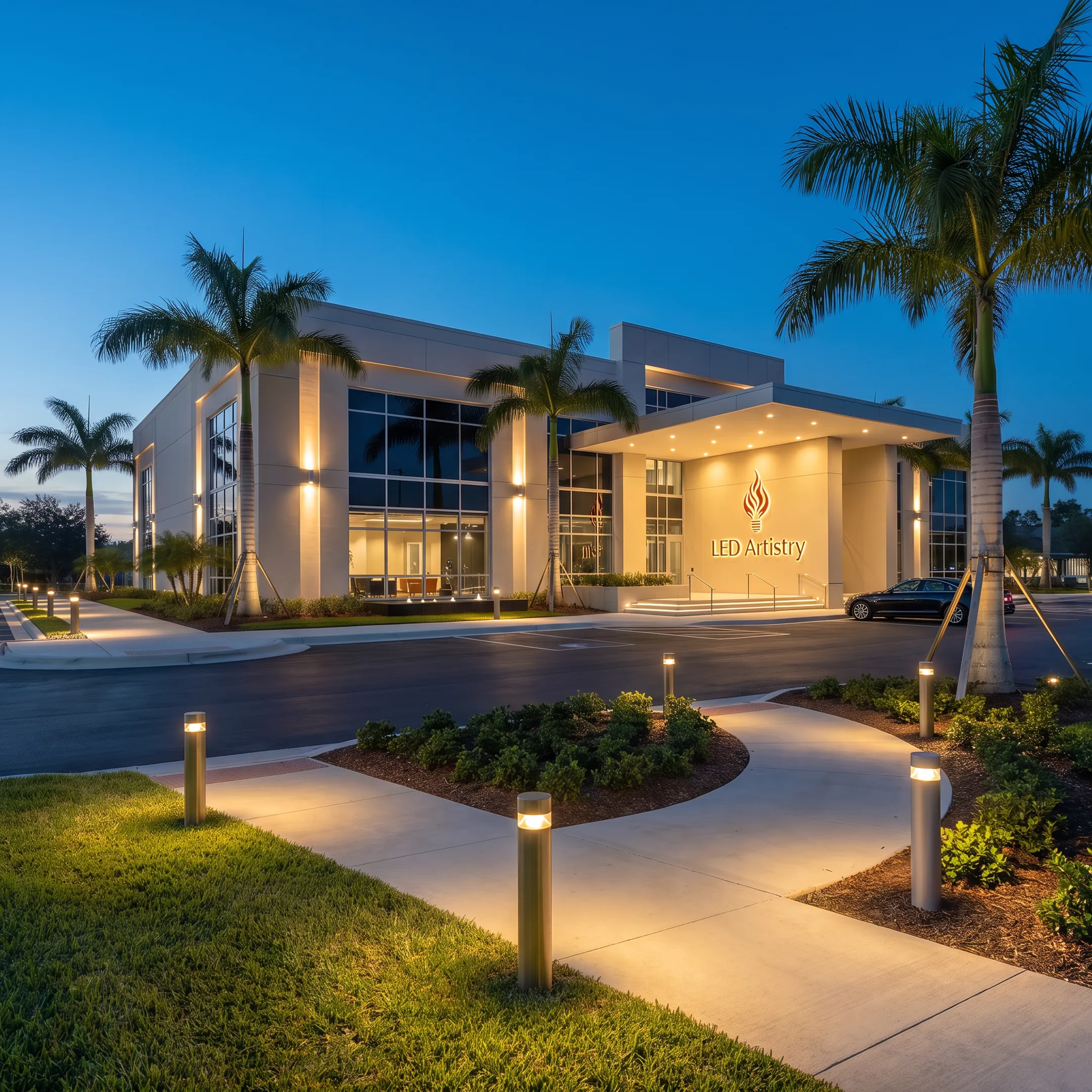 Commercial property illuminated with LED exterior lighting at night