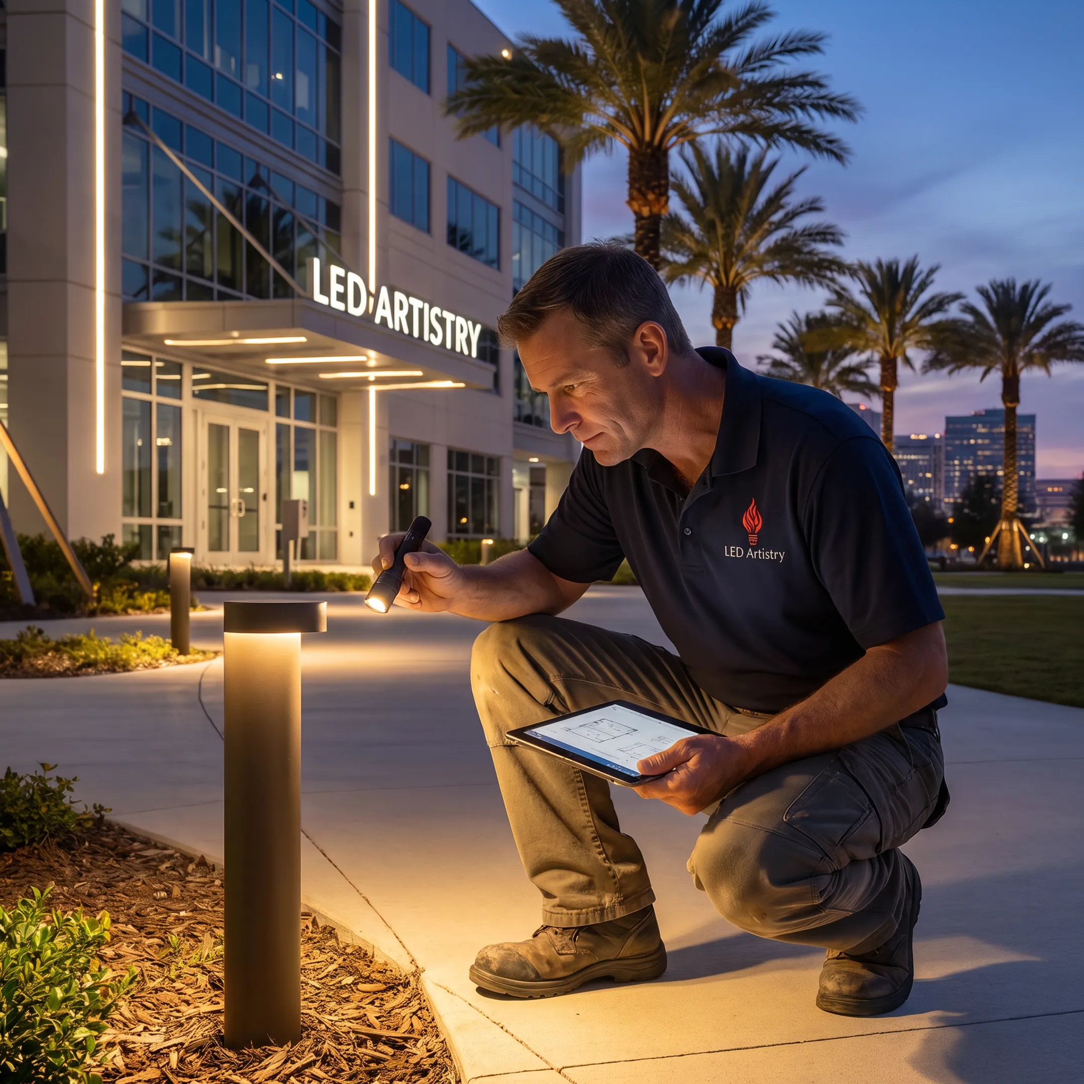 Lighting designer reviewing a commercial exterior LED installation