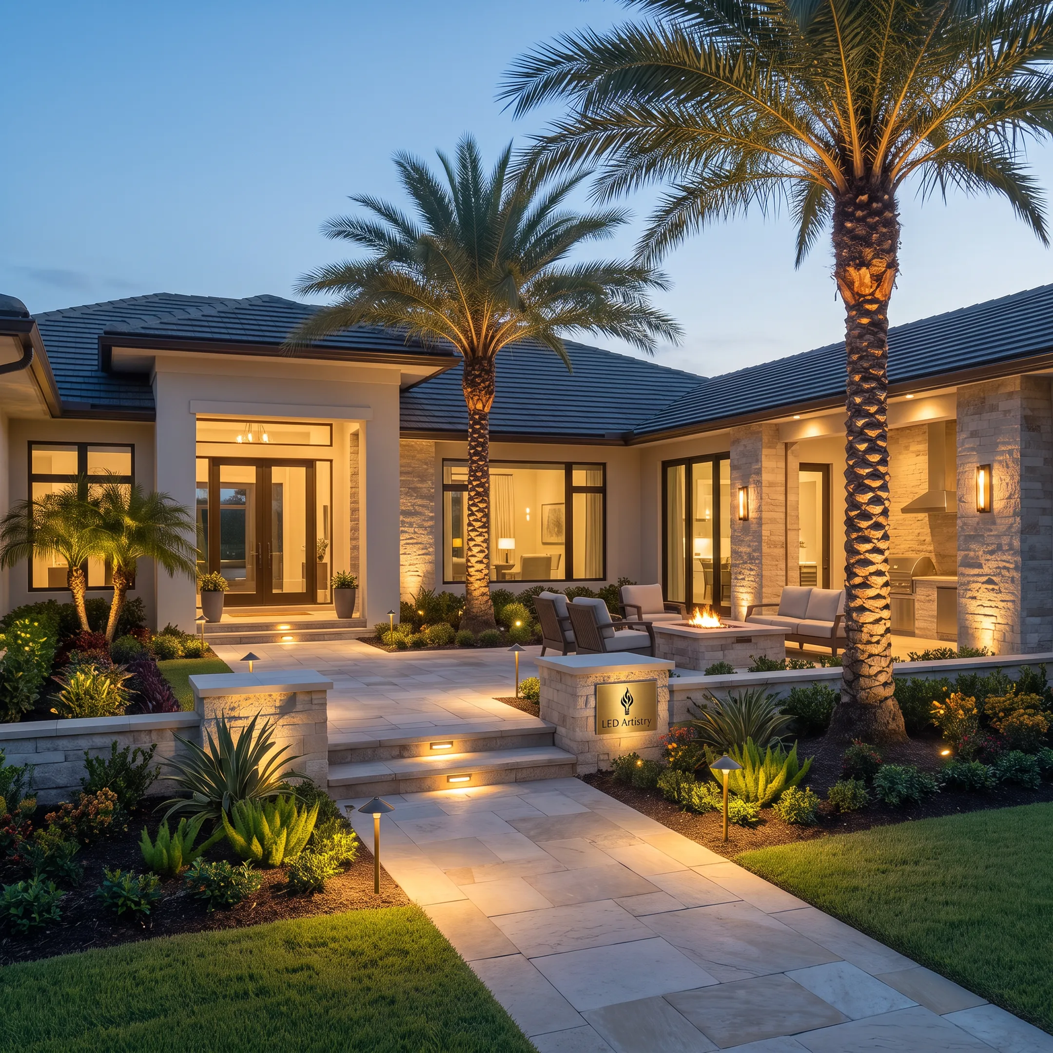 Illuminated residential landscape and patio at night