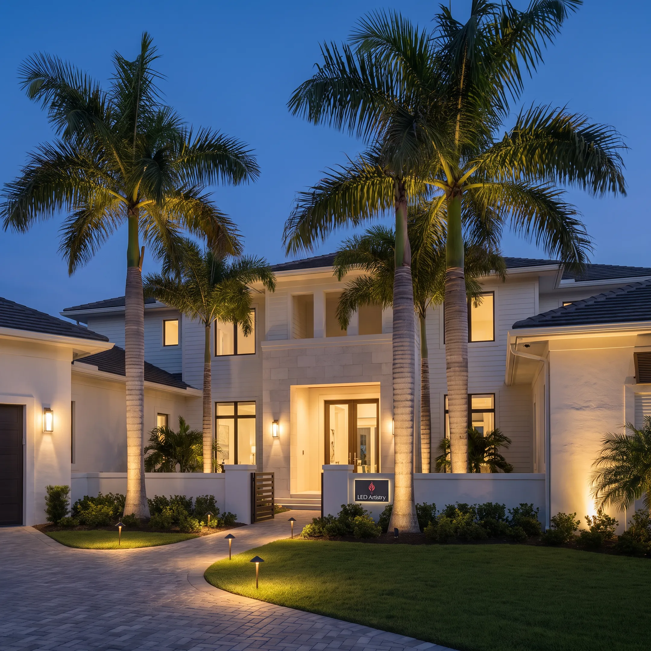 Professionally illuminated home exterior and landscape at night