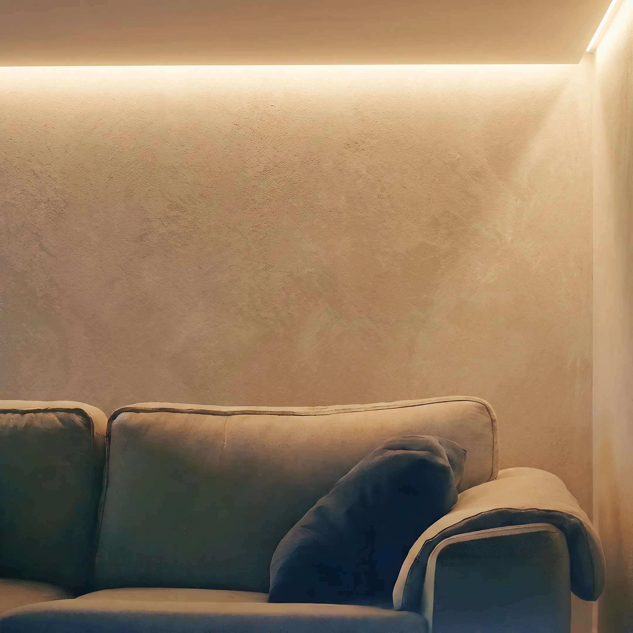 Warm LED cove lighting accenting a modern ceiling