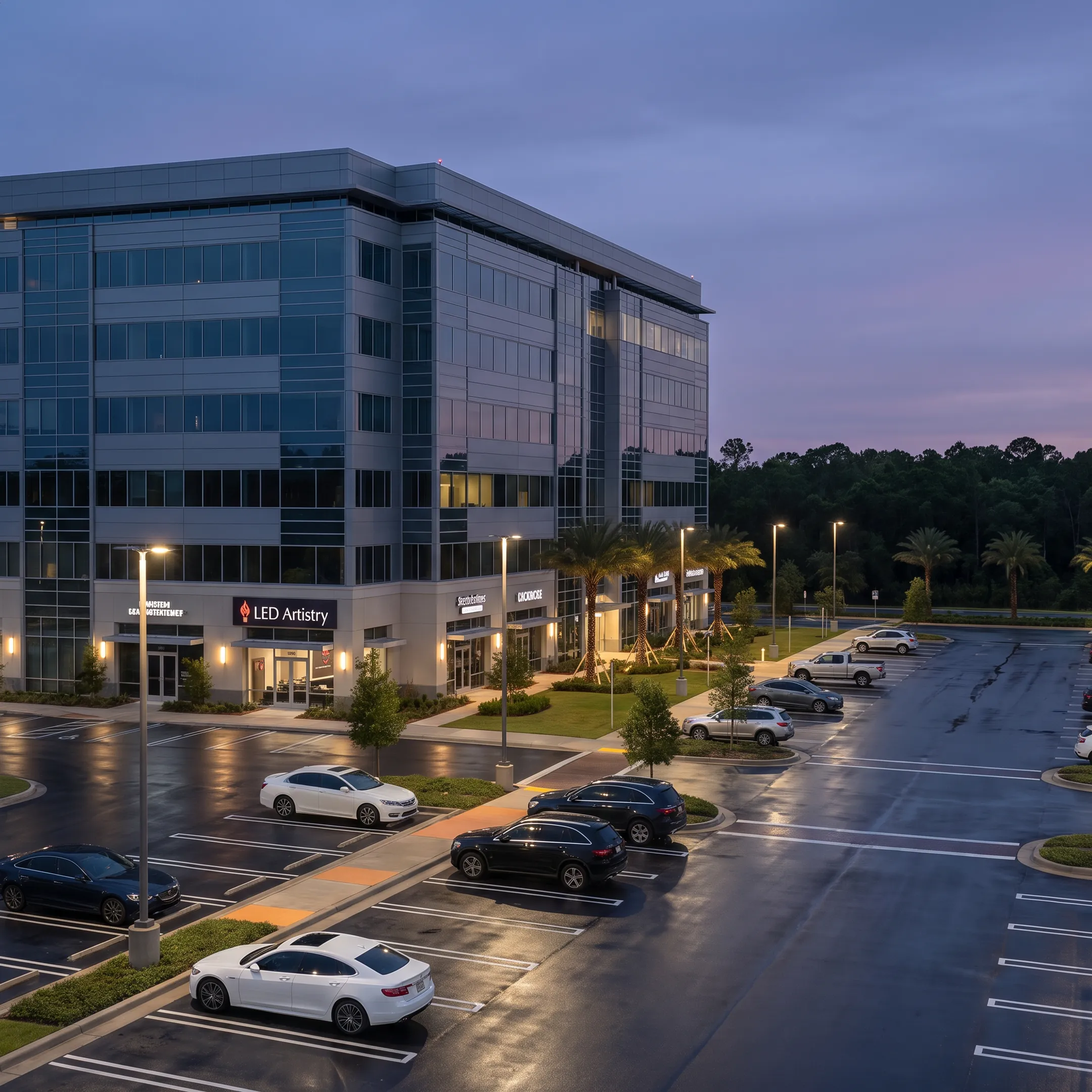 Well-lit commercial parking lot at night