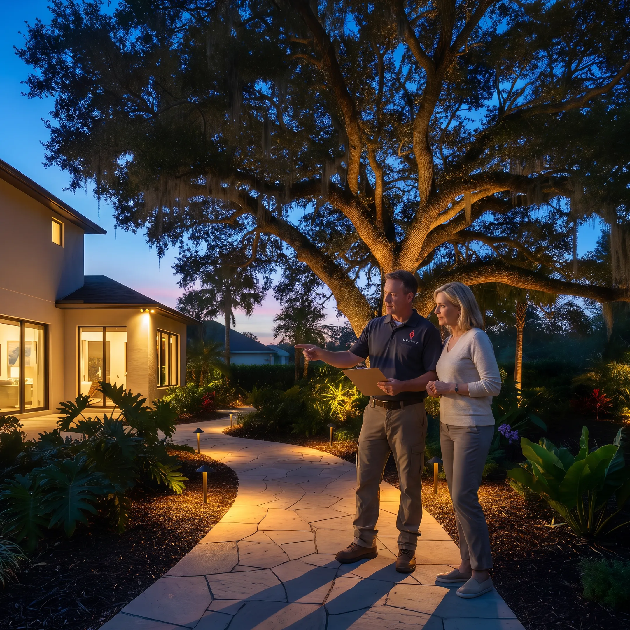 Lighting designer reviewing an outdoor LED lighting plan
