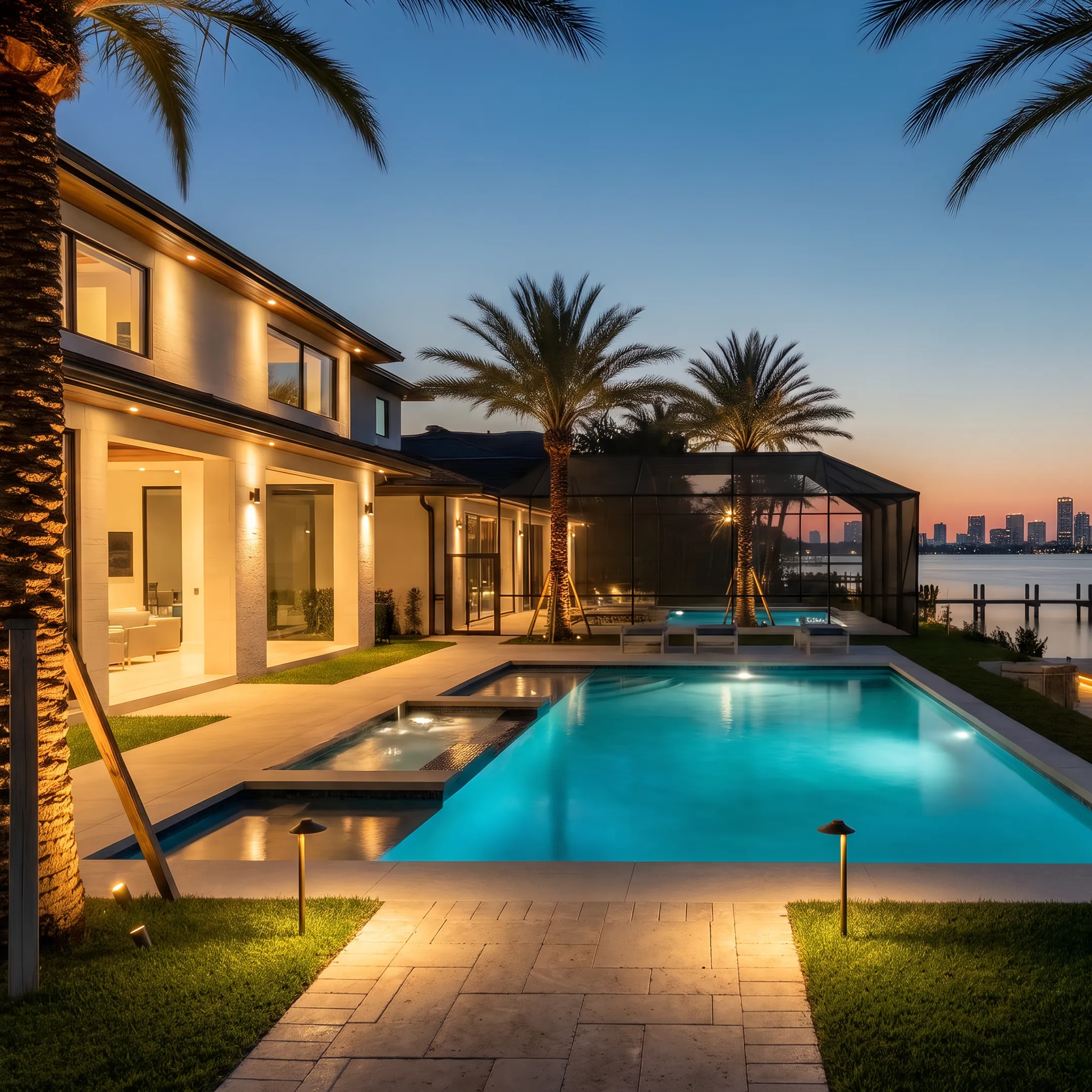 Professionally illuminated home exterior and landscape at night