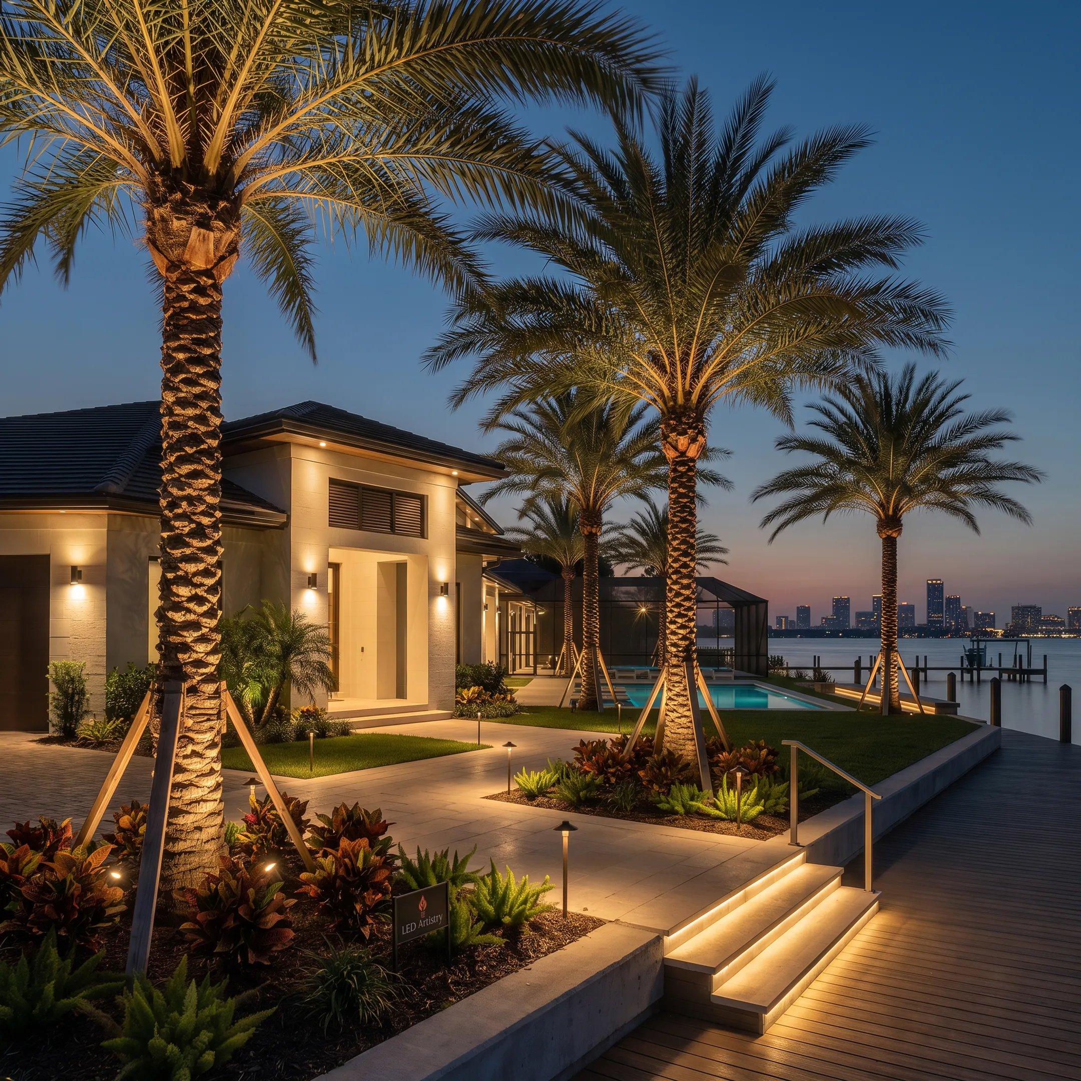 Outdoor landscape lighting illuminating a landscaped home entrance