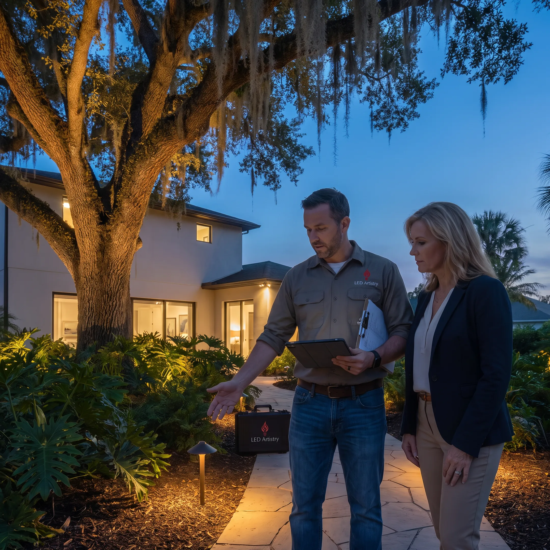 Lighting designer reviewing an outdoor LED lighting plan