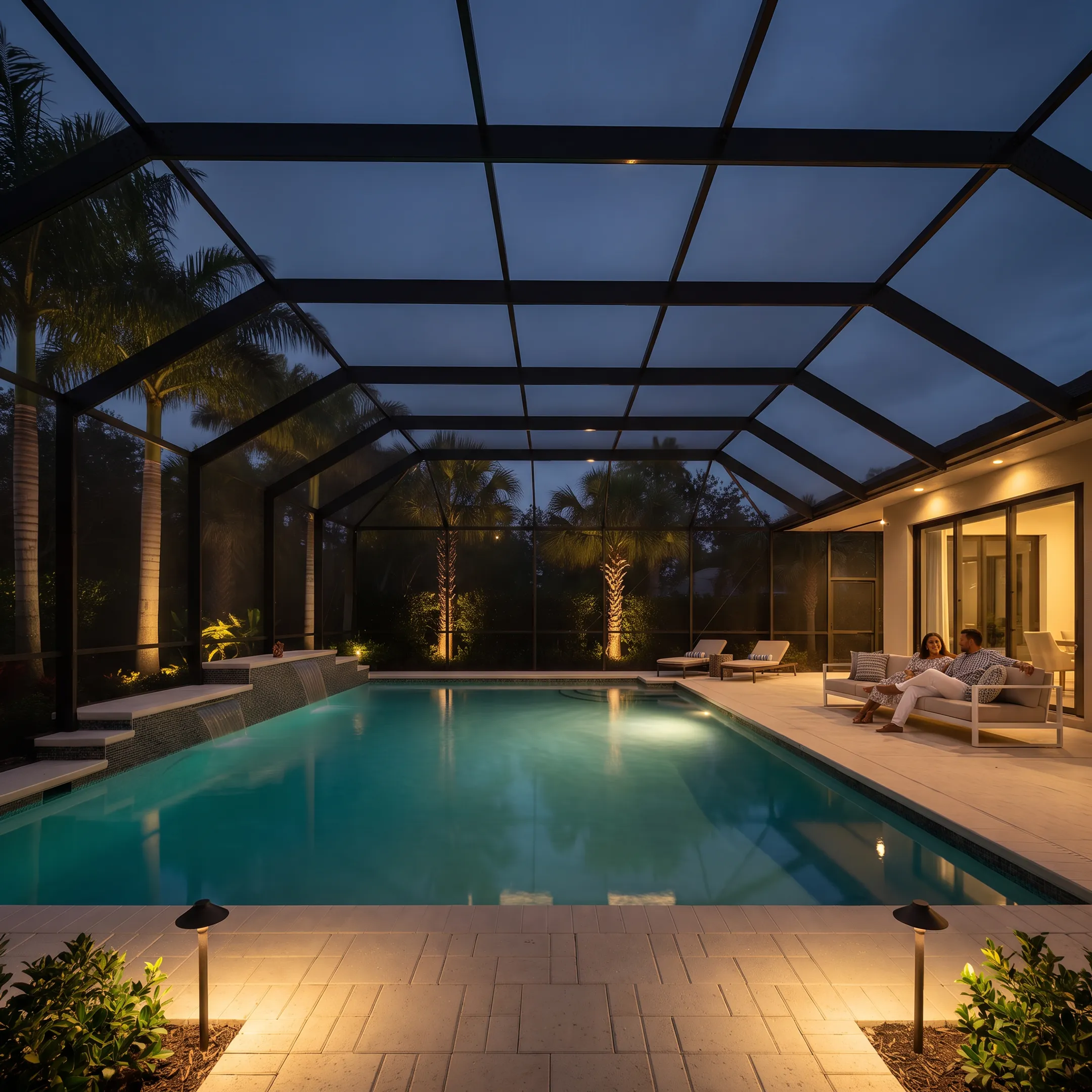 LED-lit pool cage and lanai at night