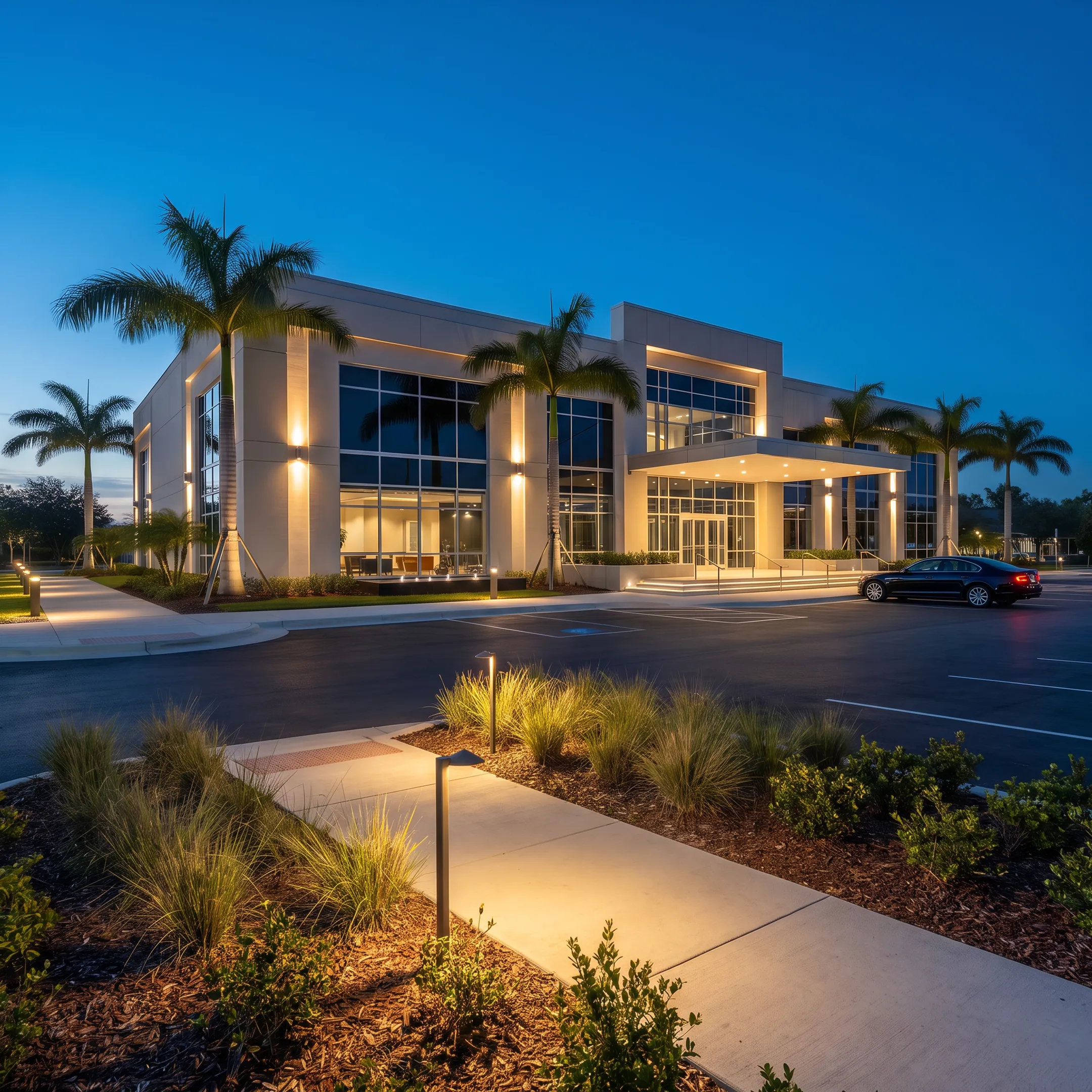 Illuminated commercial building exterior at night