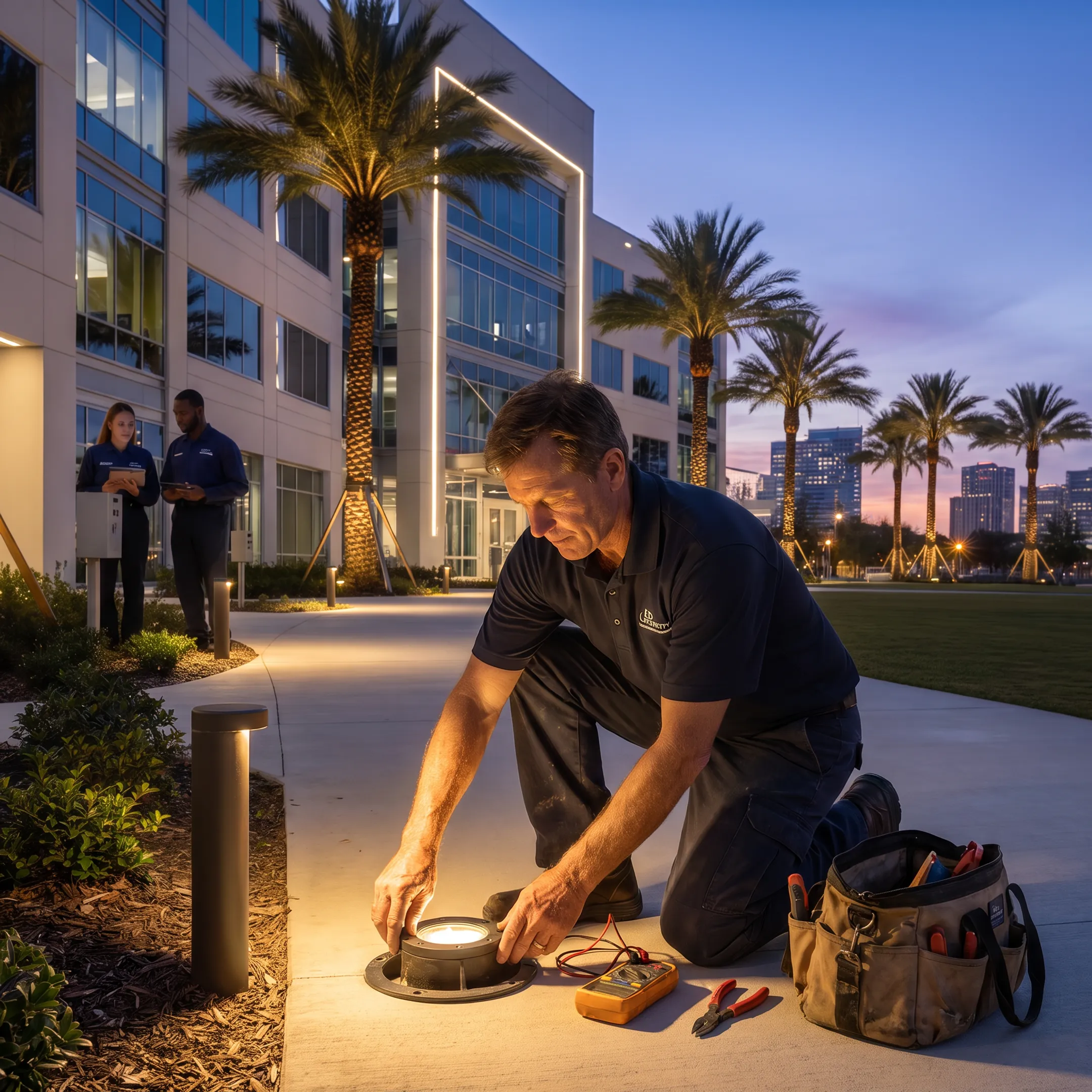 Technician servicing commercial exterior LED lighting