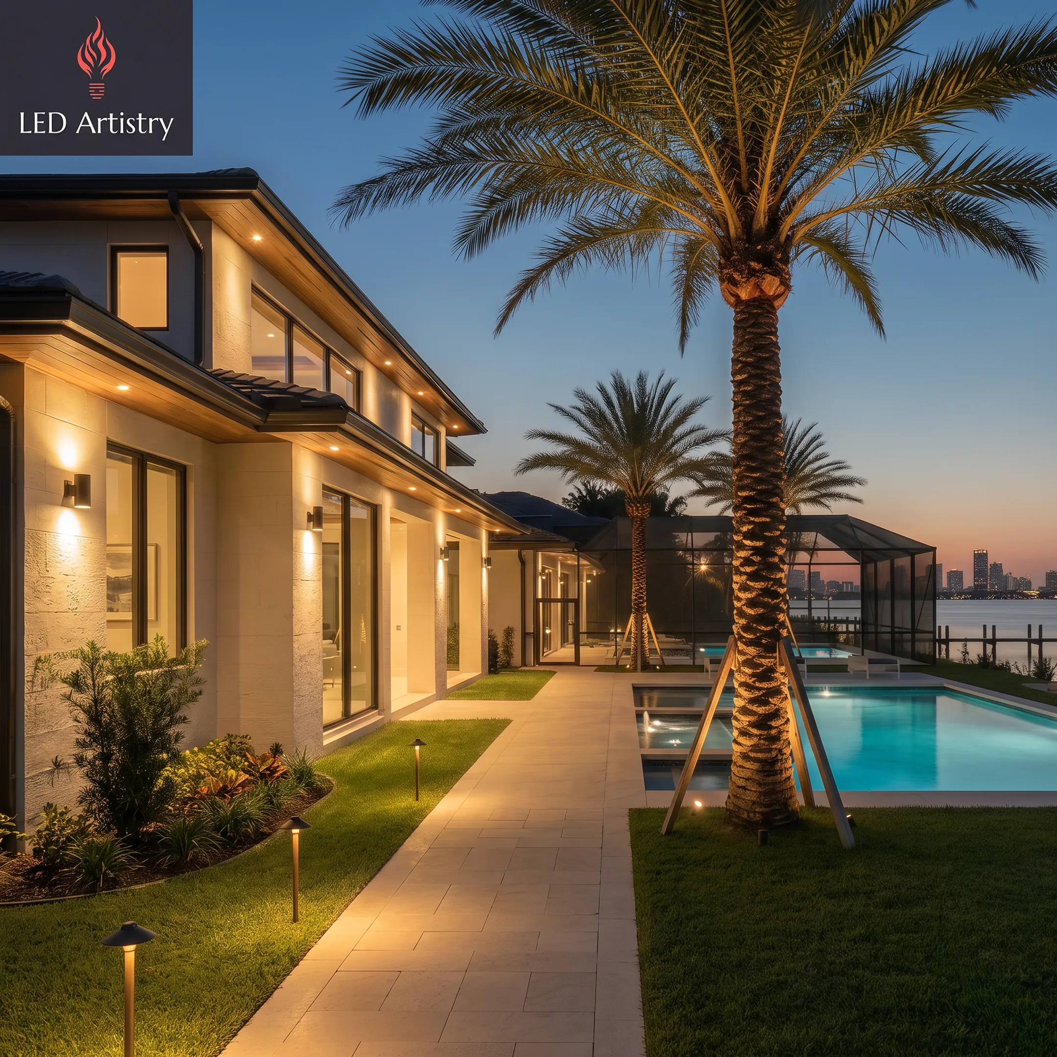 Professionally illuminated residential landscape at night