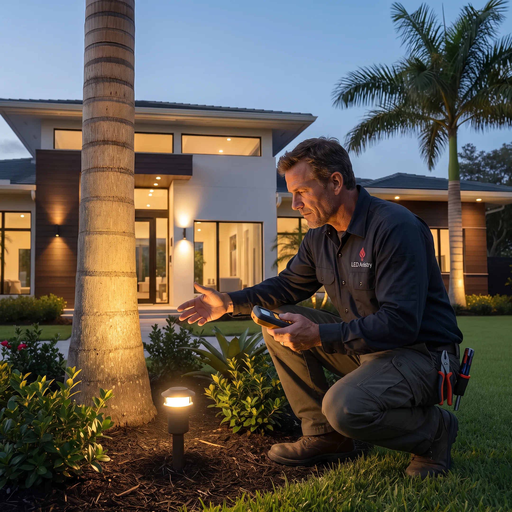 Lighting designer reviewing an outdoor LED lighting layout