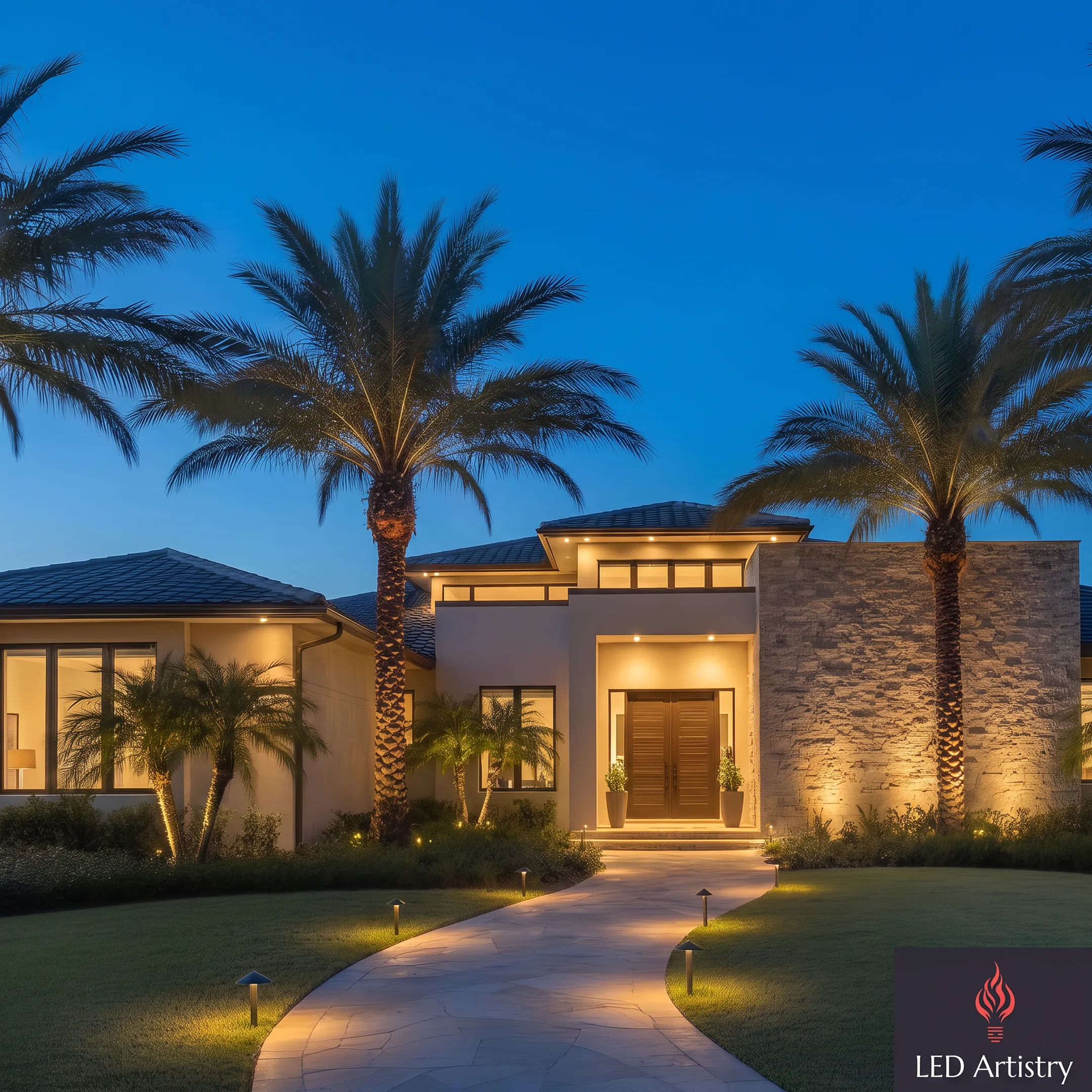 Energy-efficient LED landscape lighting at a home