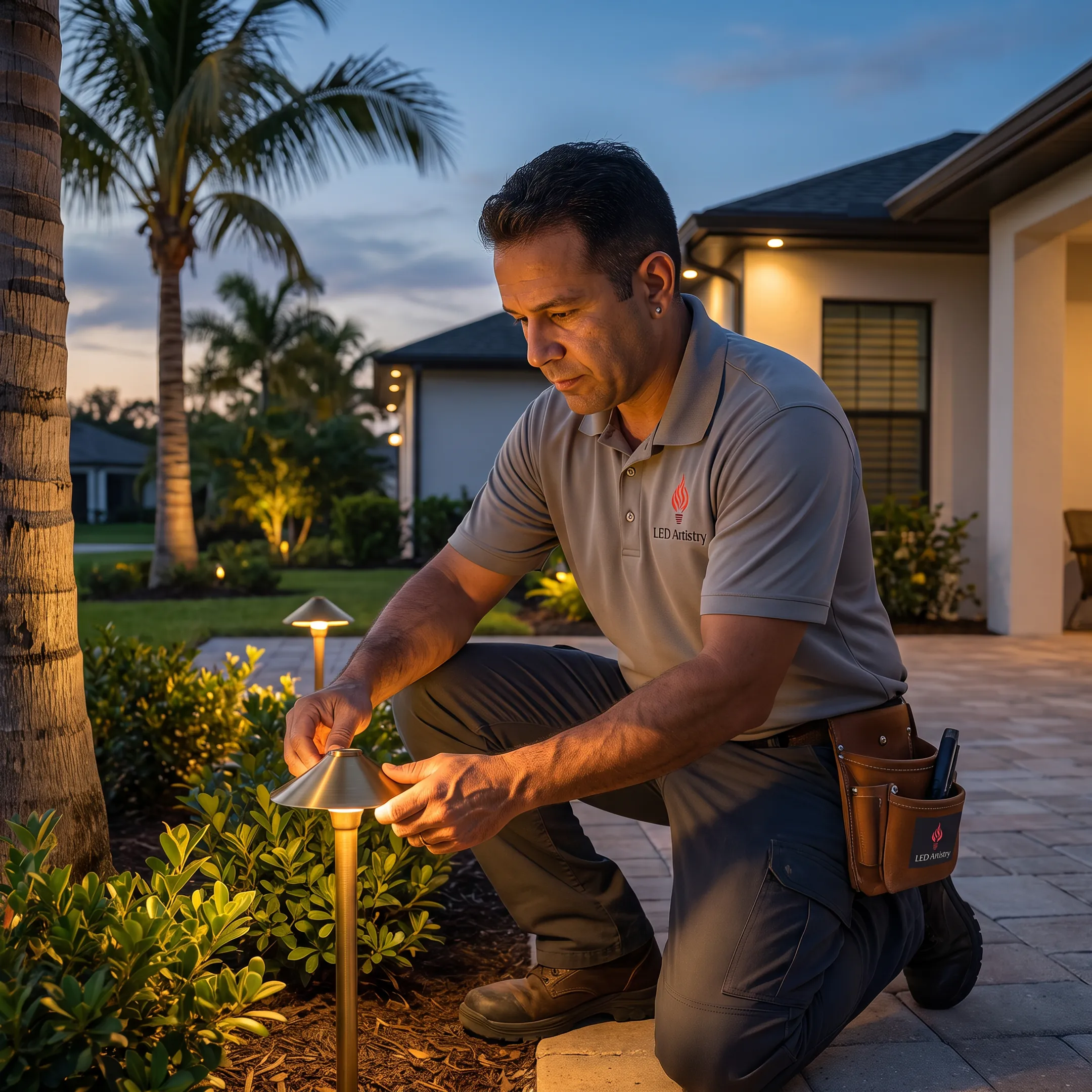 Technician adjusting outdoor LED lighting