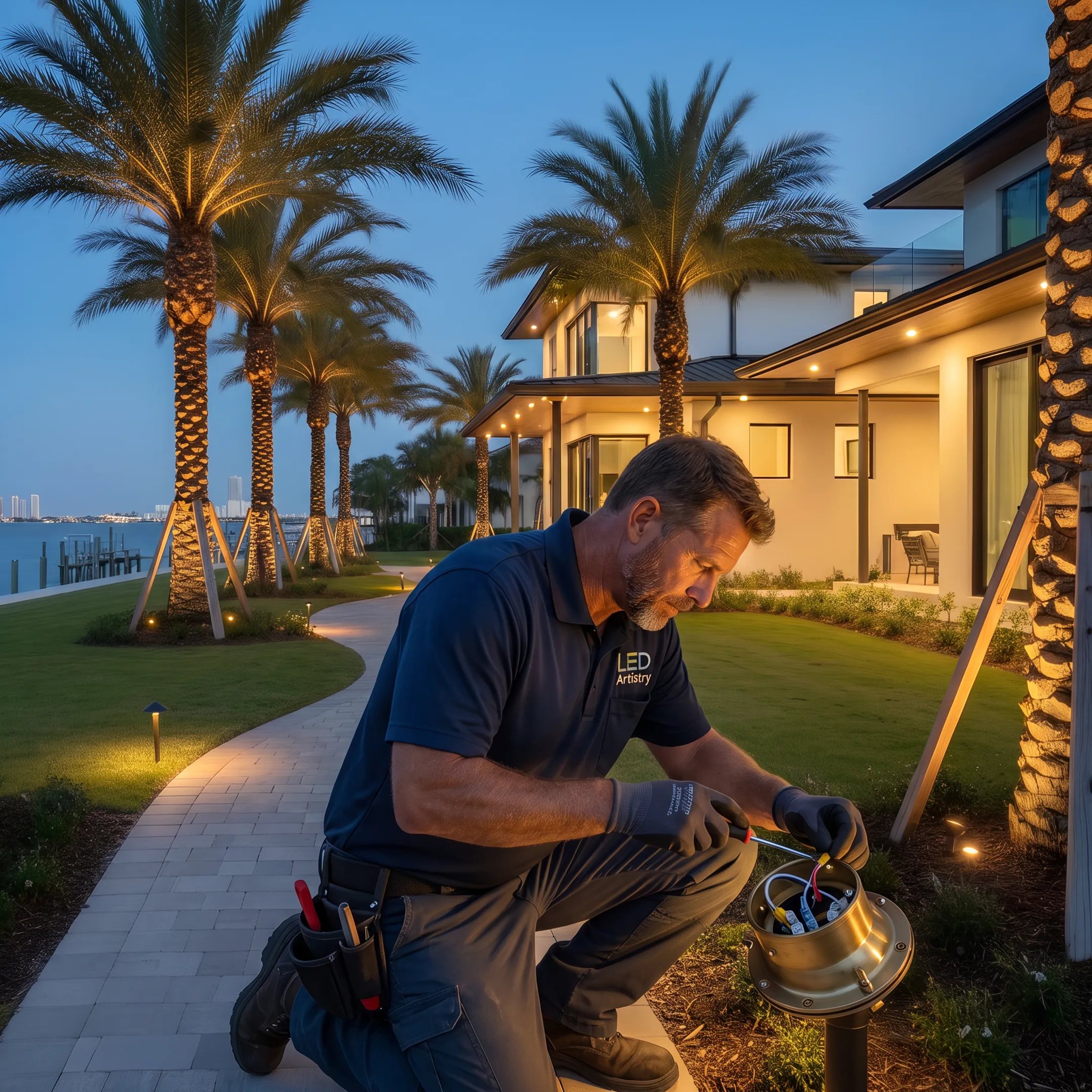Lighting designer reviewing an outdoor LED installation