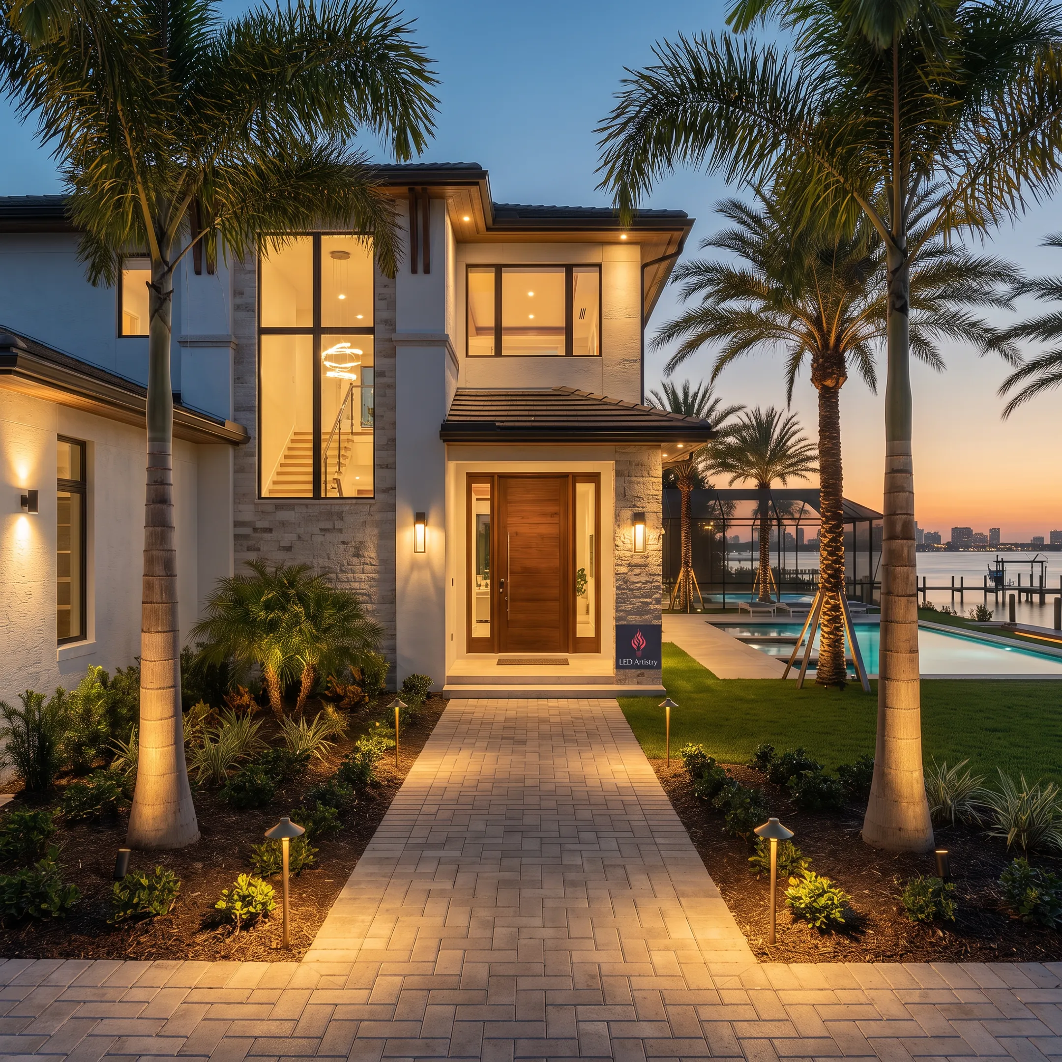 Professionally lit home landscape at night