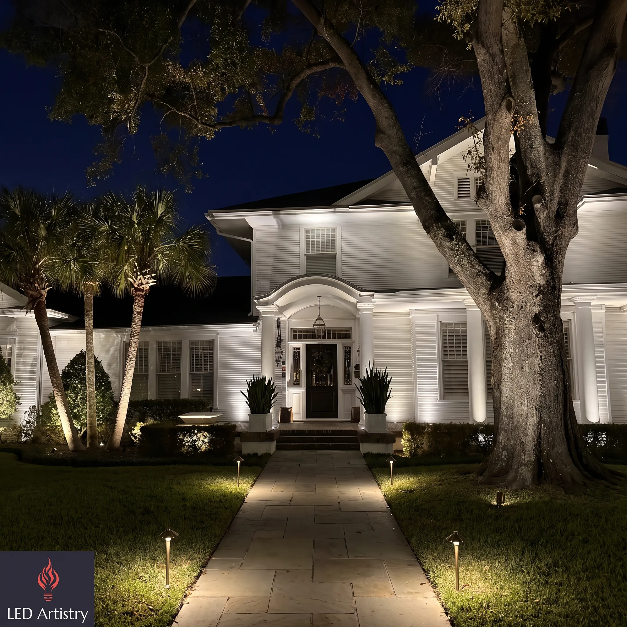 Illuminated residential landscape and pathway at night