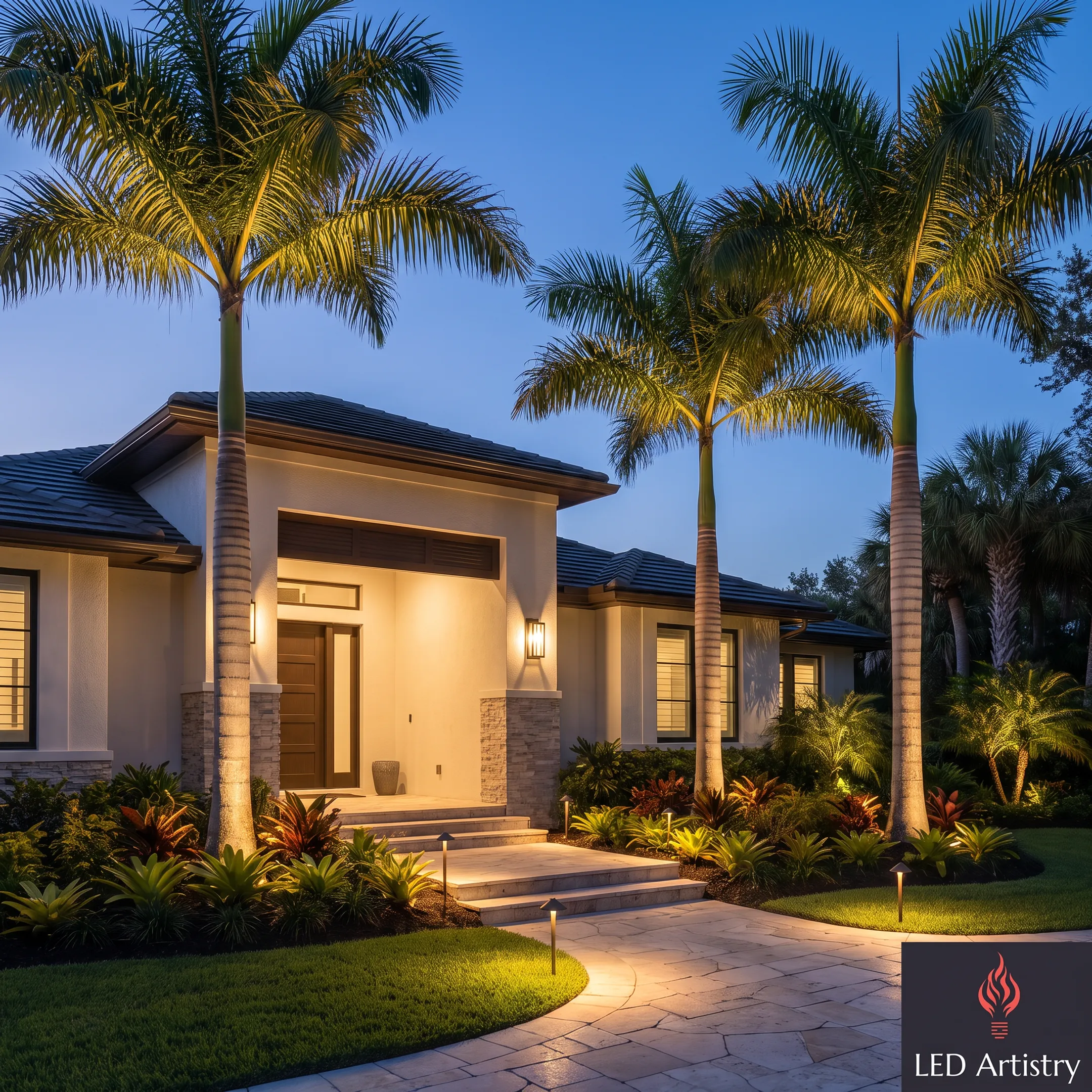 Custom outdoor LED lighting illuminating a landscaped home