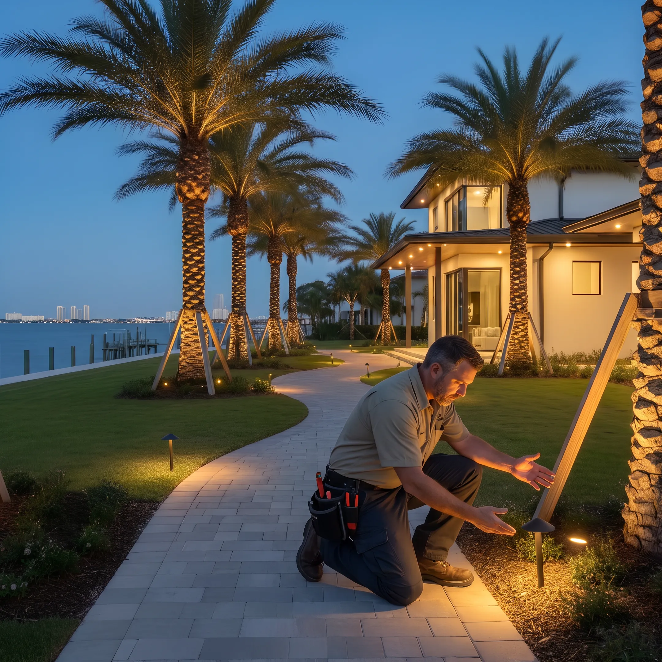Lighting designer planning LED fixture placement outdoors