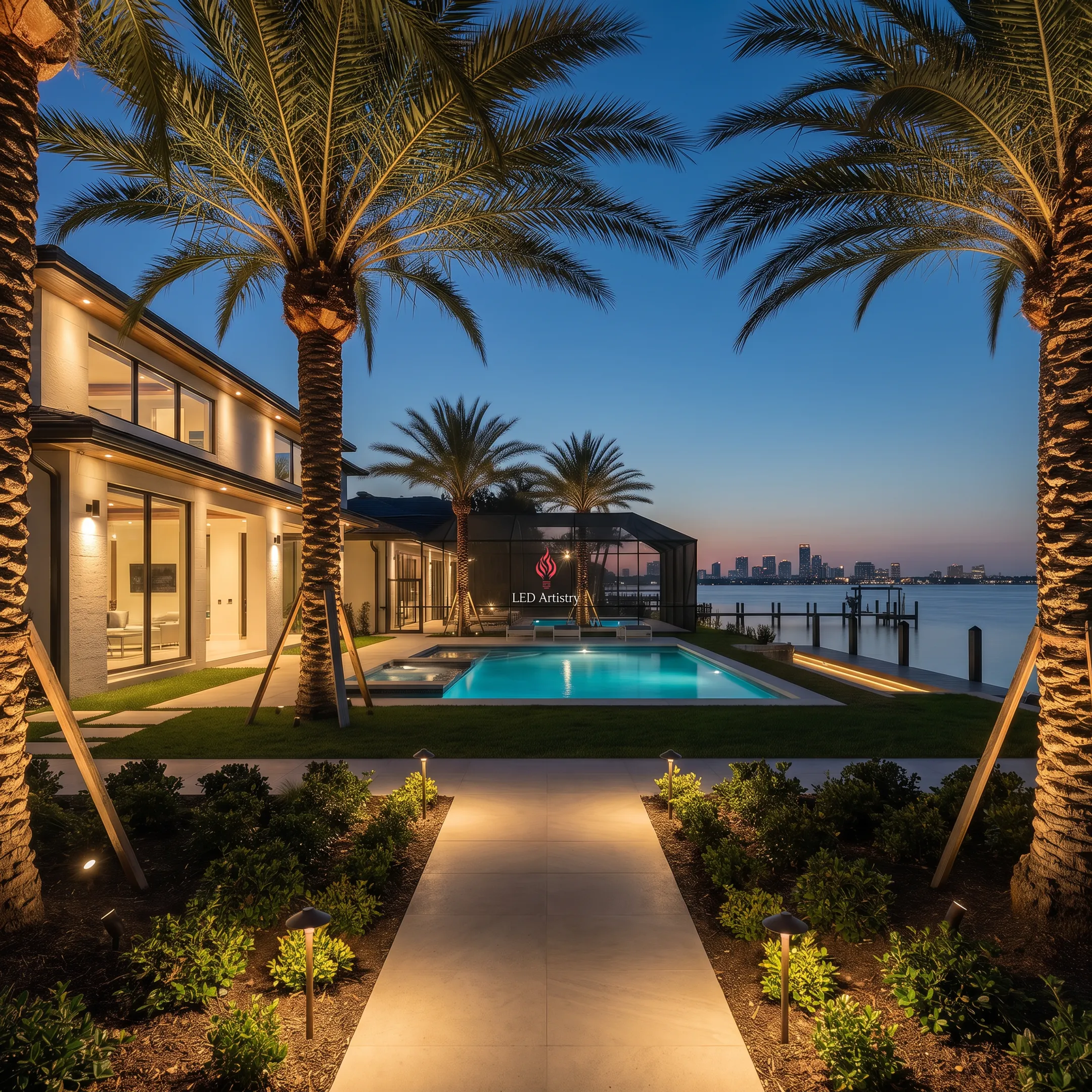 Illuminated landscape and home exterior at night
