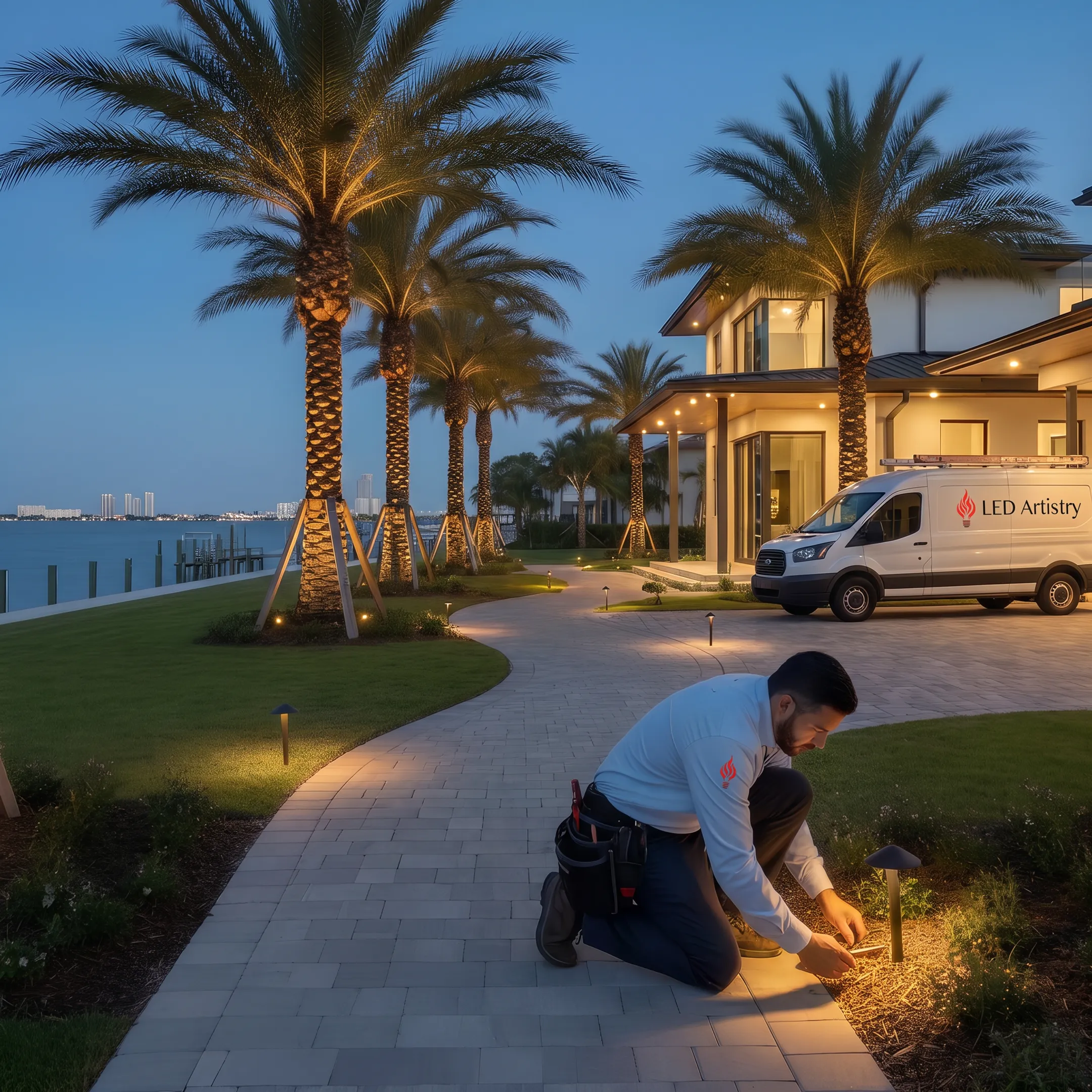 Lighting designer adjusting outdoor LED fixtures