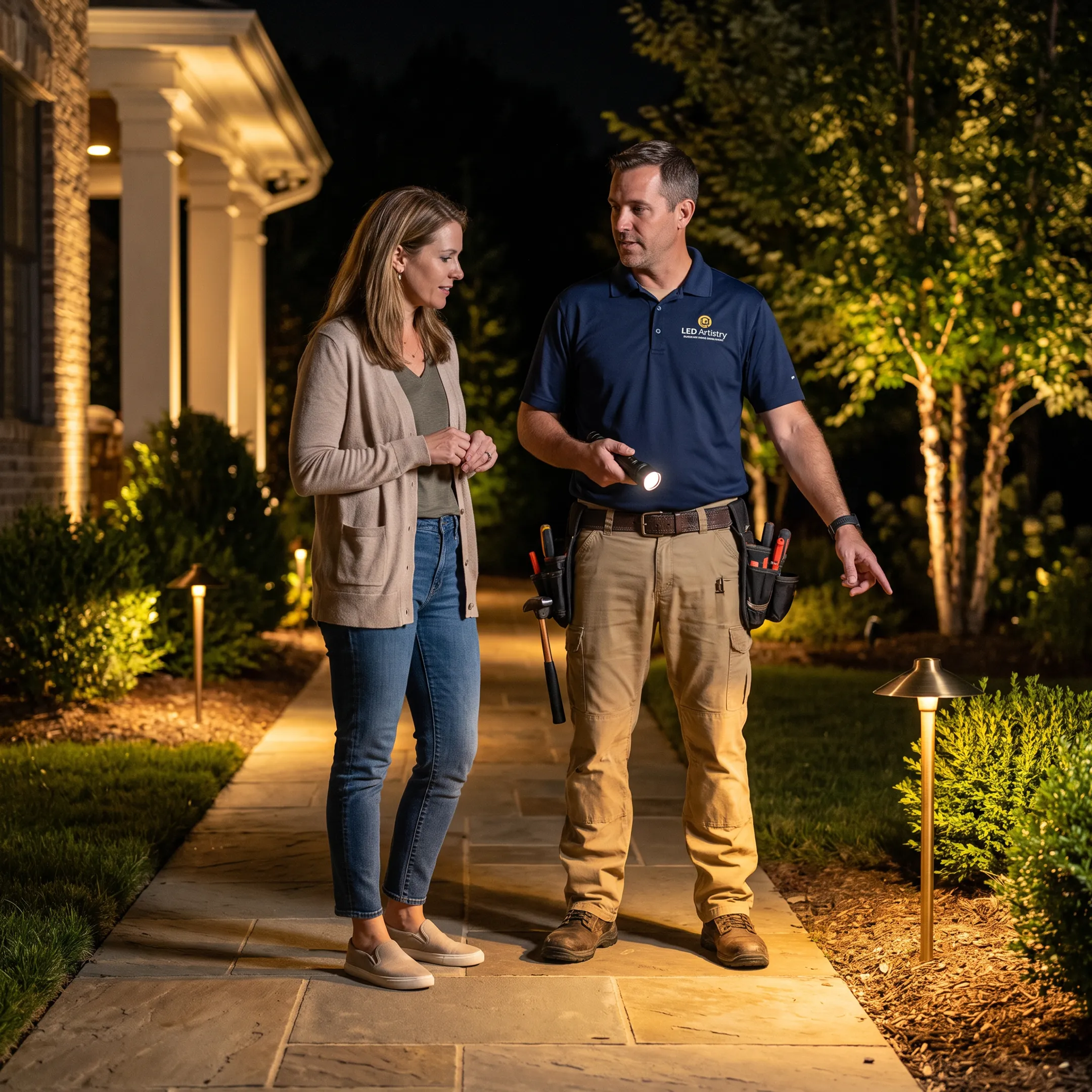 Lighting designer reviewing outdoor fixtures with homeowner