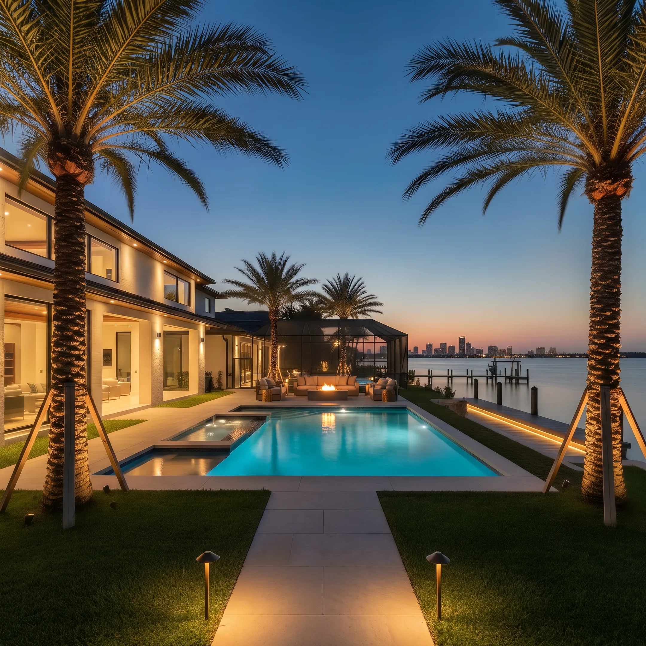 Professionally illuminated home landscape at night