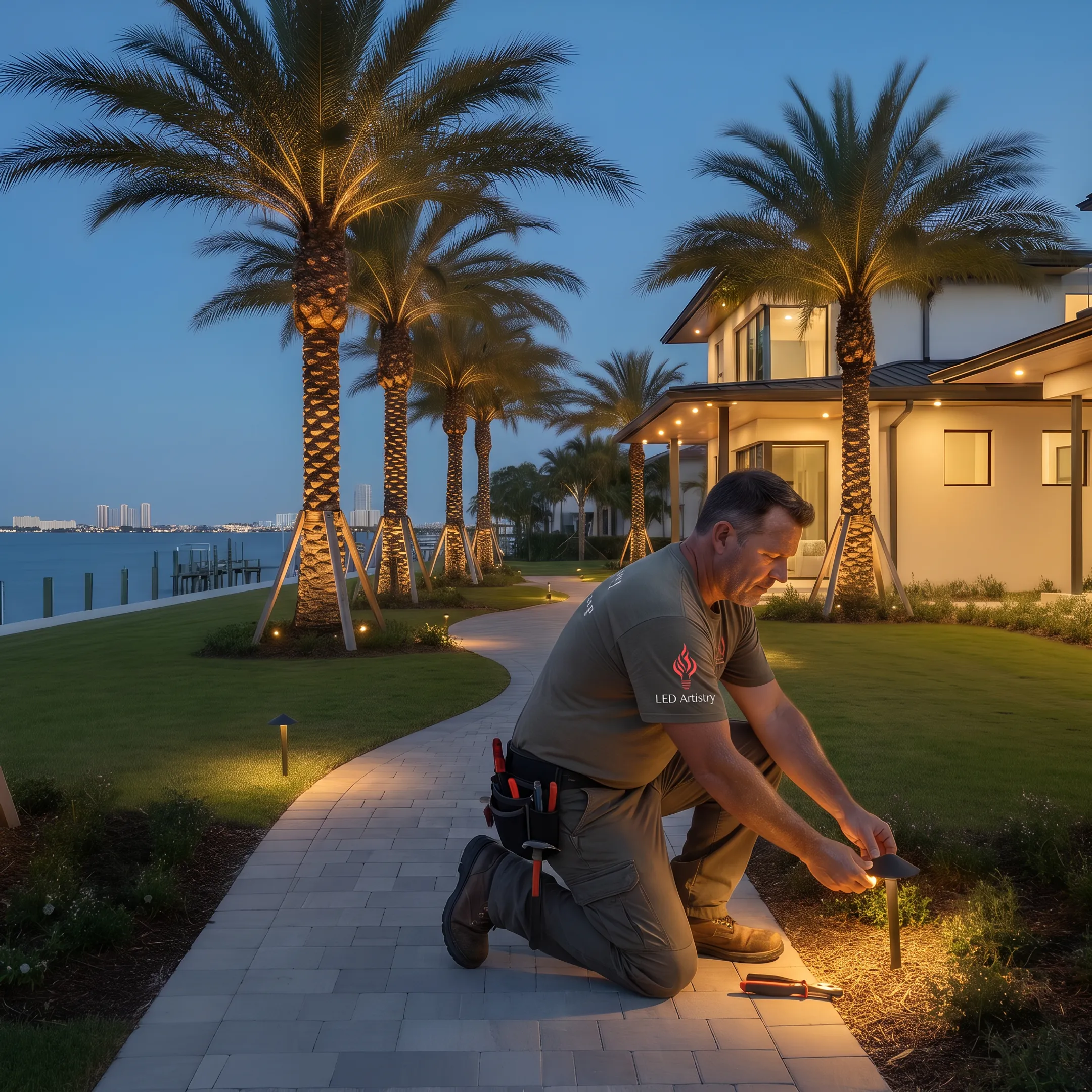 Designer positioning outdoor LED fixtures at a home
