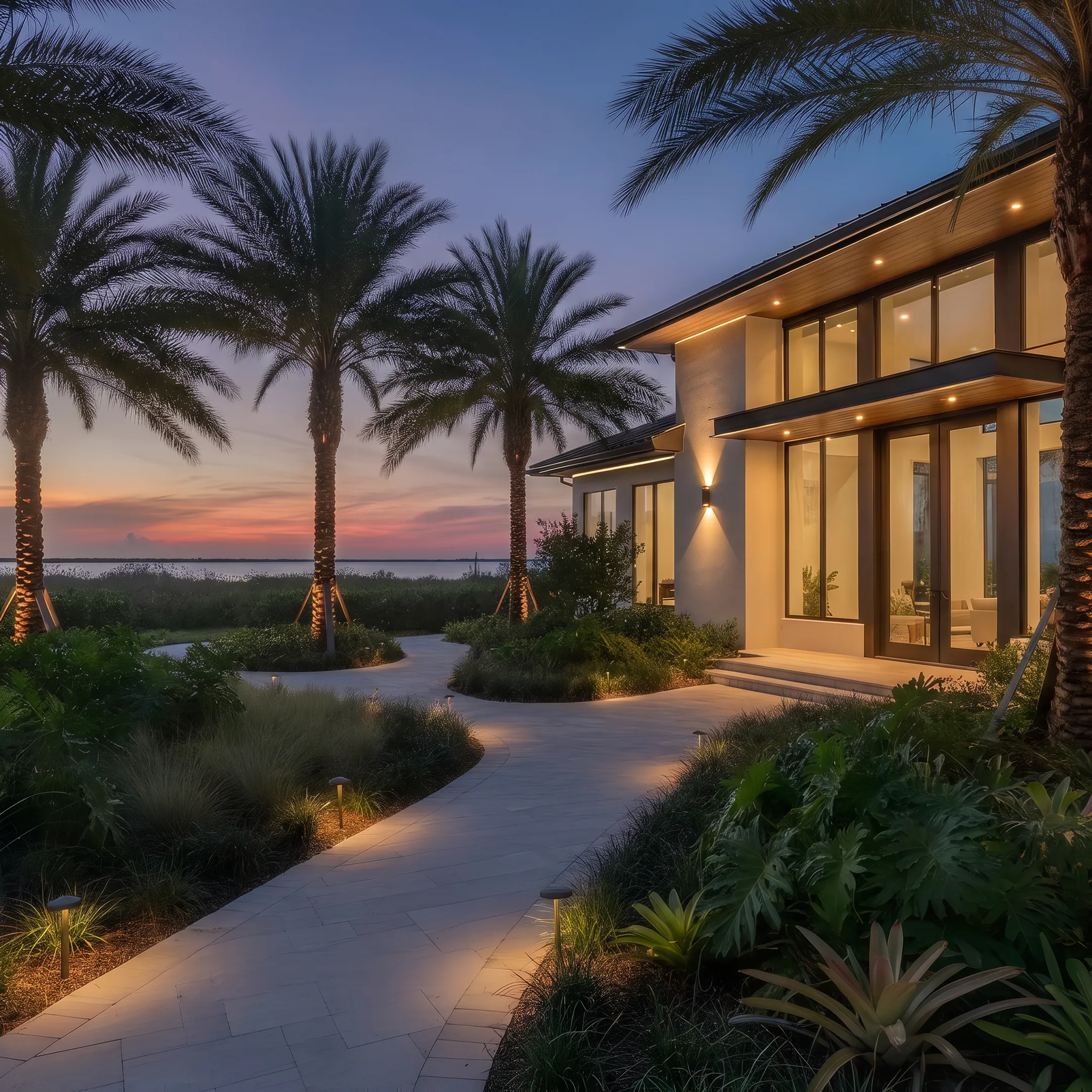 Architectural LED lighting illuminating a Florida home exterior