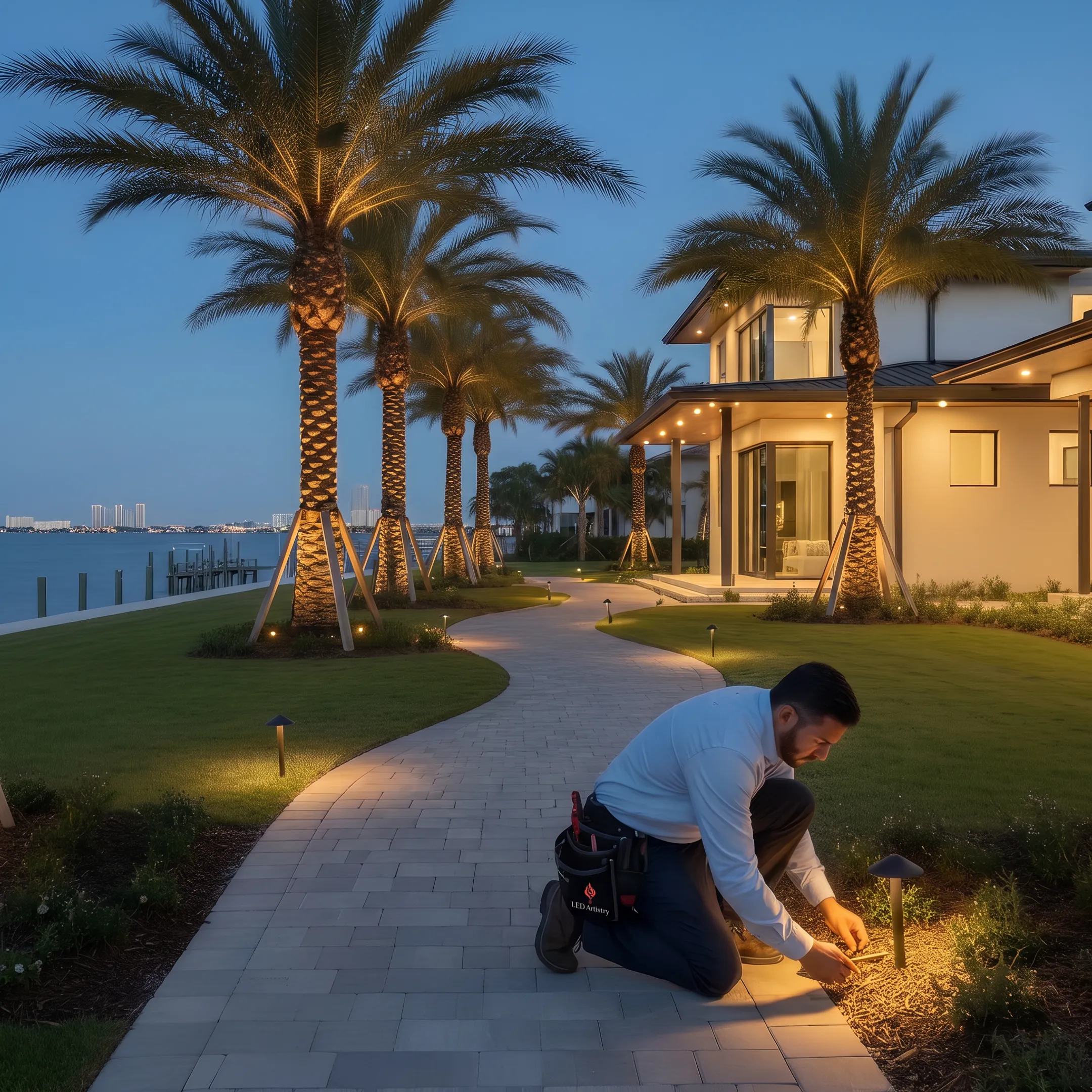 Restored LED landscape lighting around a Tampa garden