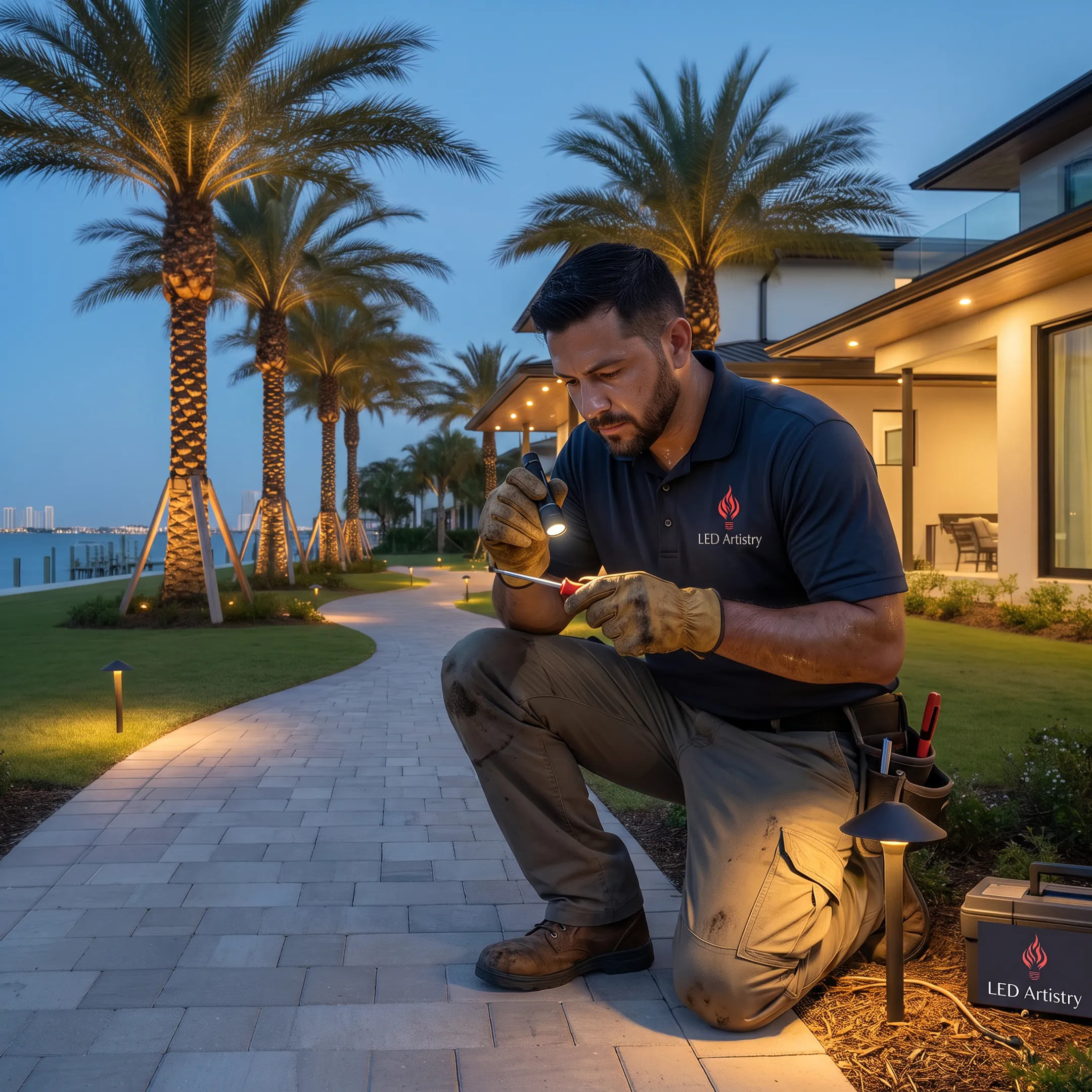Technician repairing landscape lighting at a Tampa home