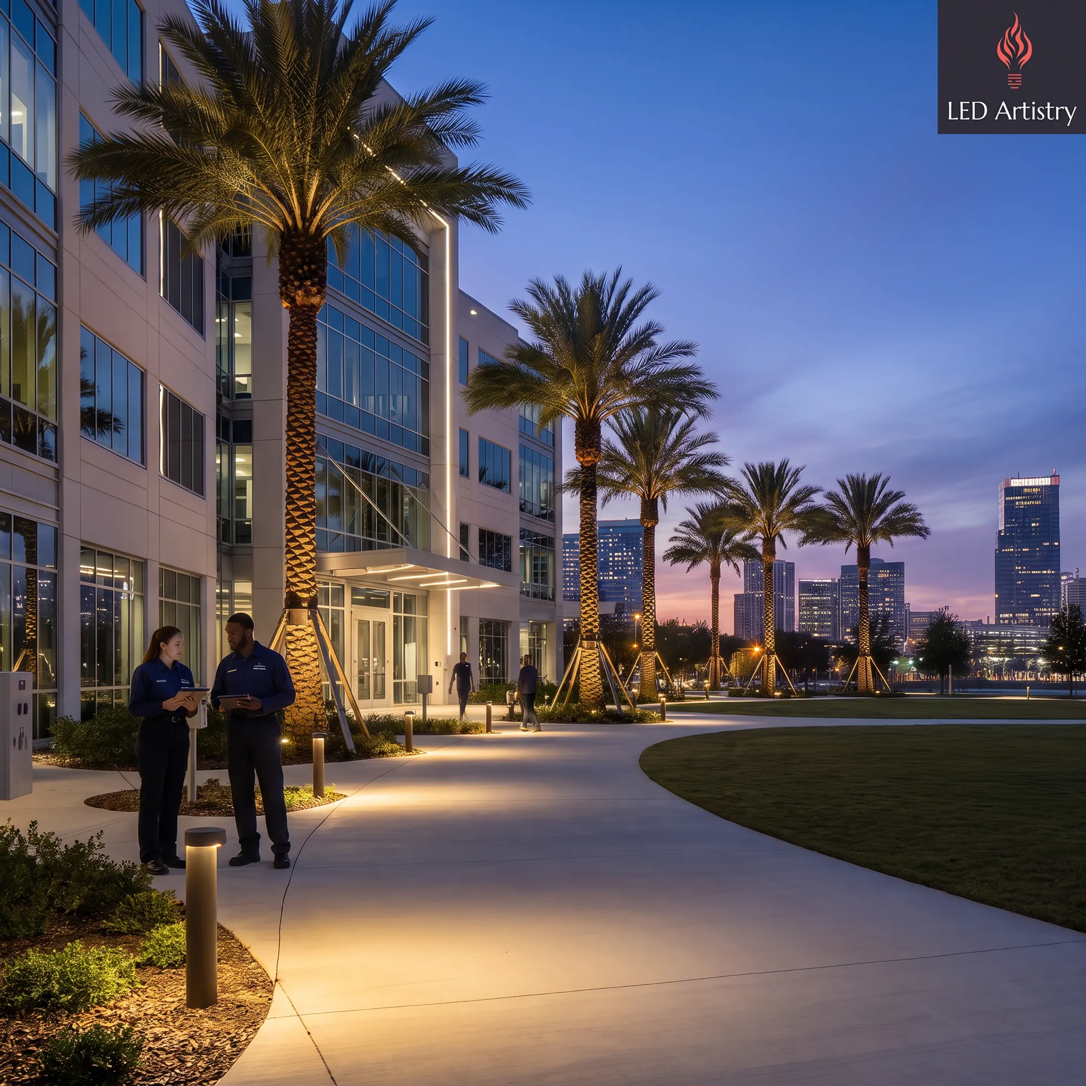 Illuminated bollards along a landscaped walkway