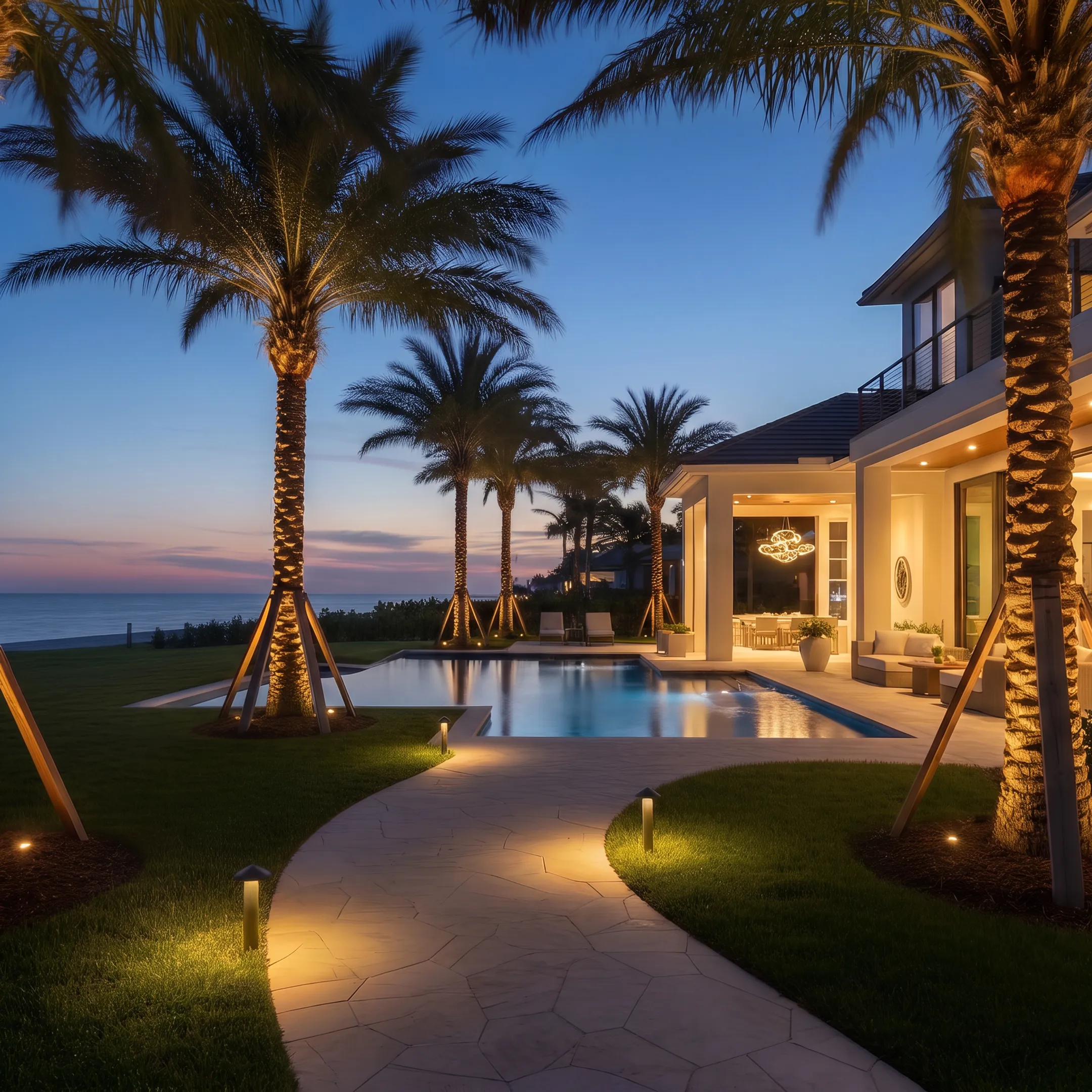 Illuminated Port Charlotte home and landscape at night