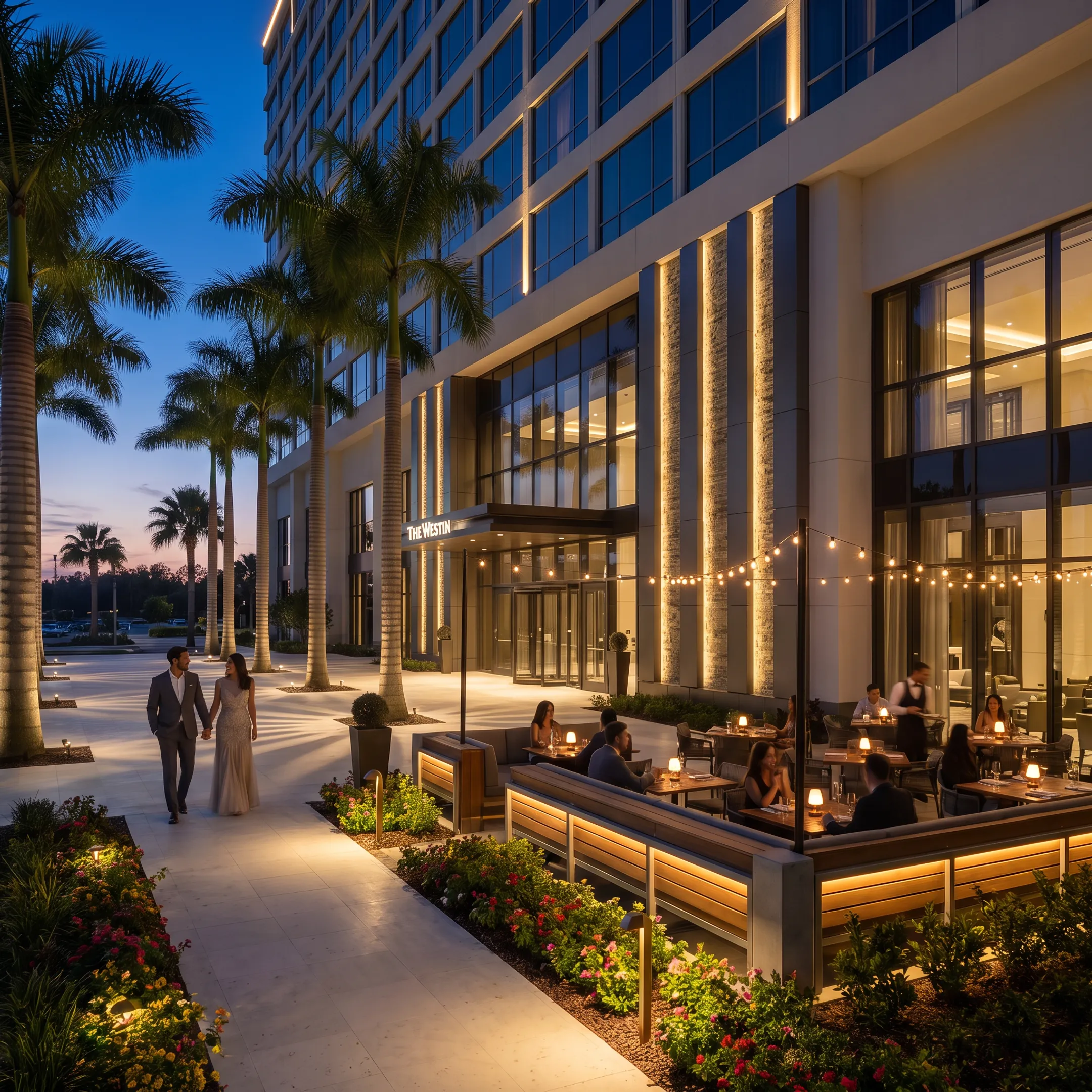 Illuminated hotel restaurant patio at night