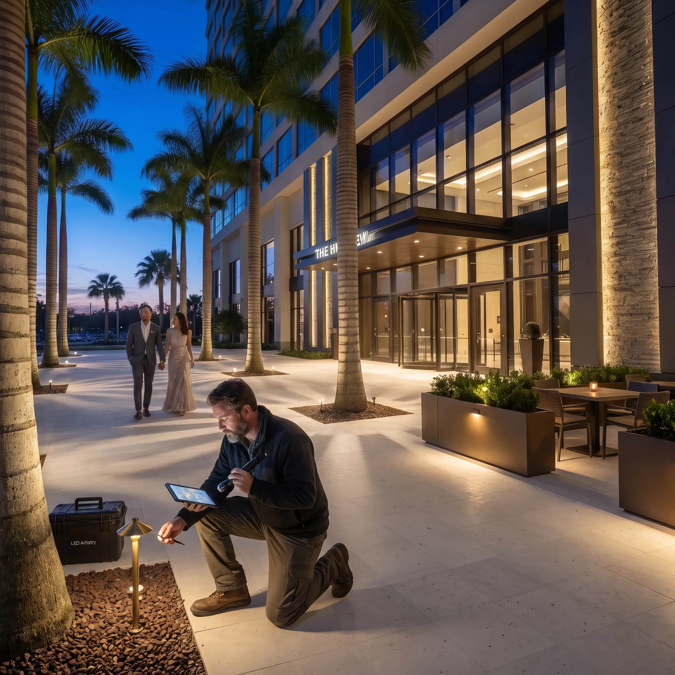 Designer planning outdoor hotel lighting
