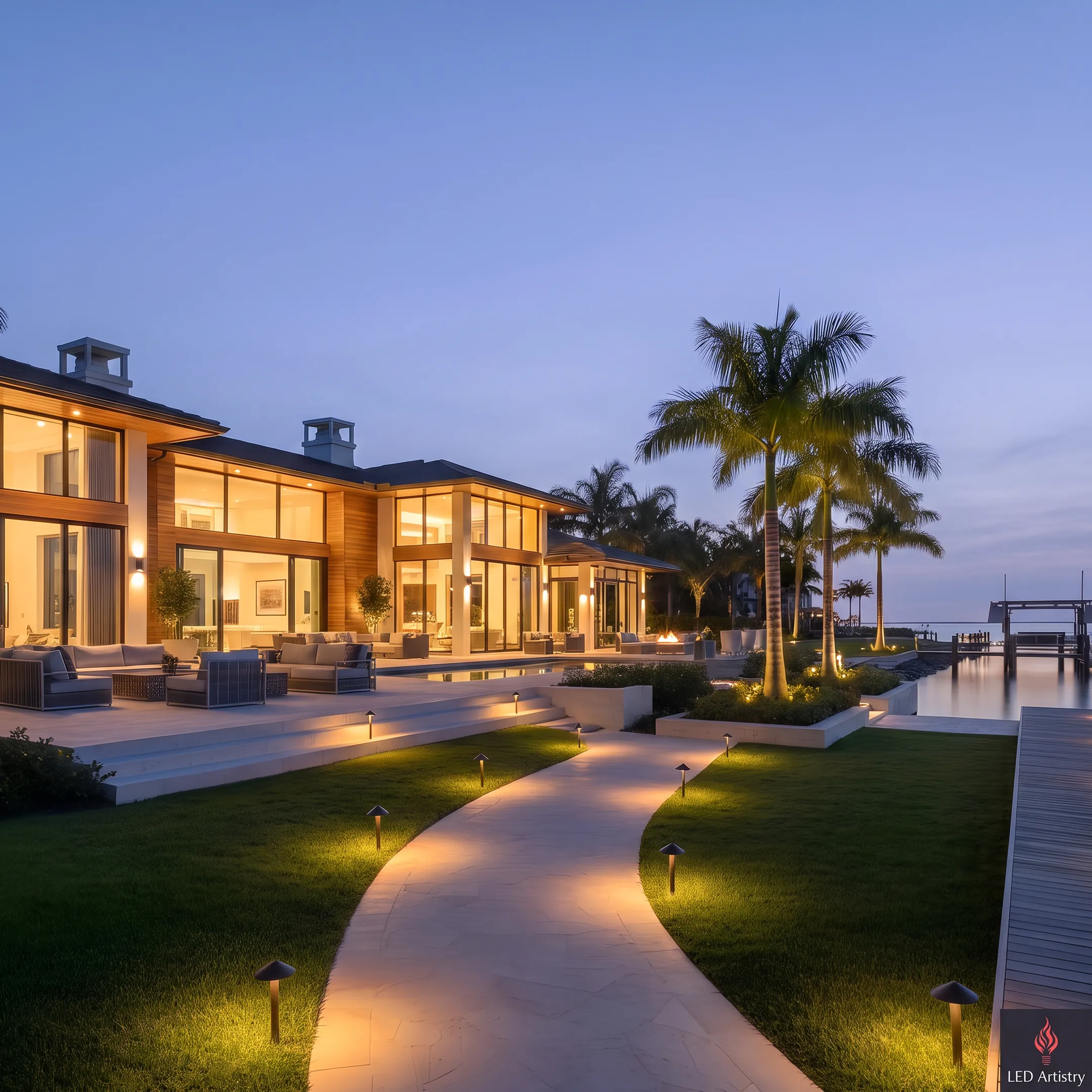 Illuminated lakeside landscape and patio at night