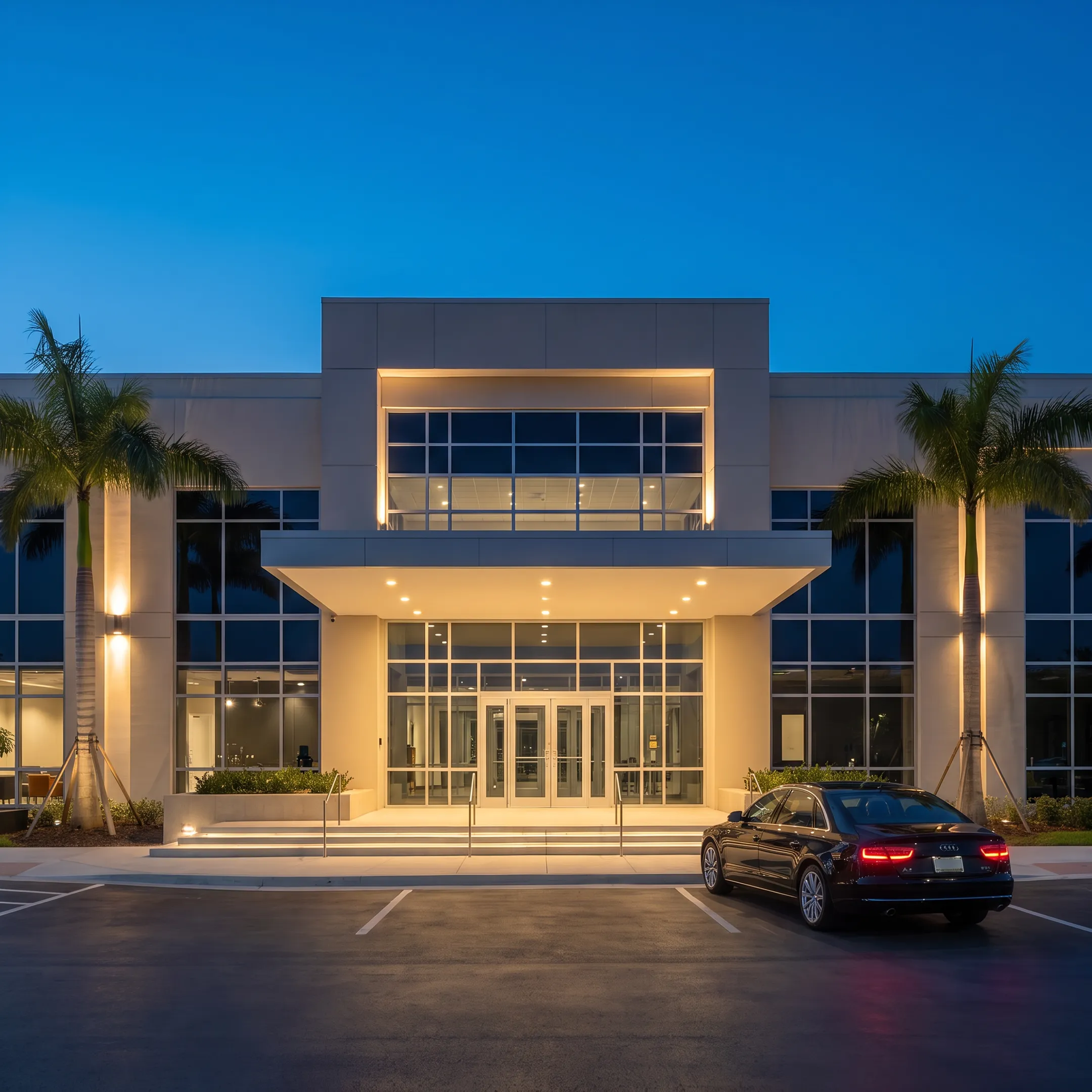 Commercial building illuminated with LED exterior lighting