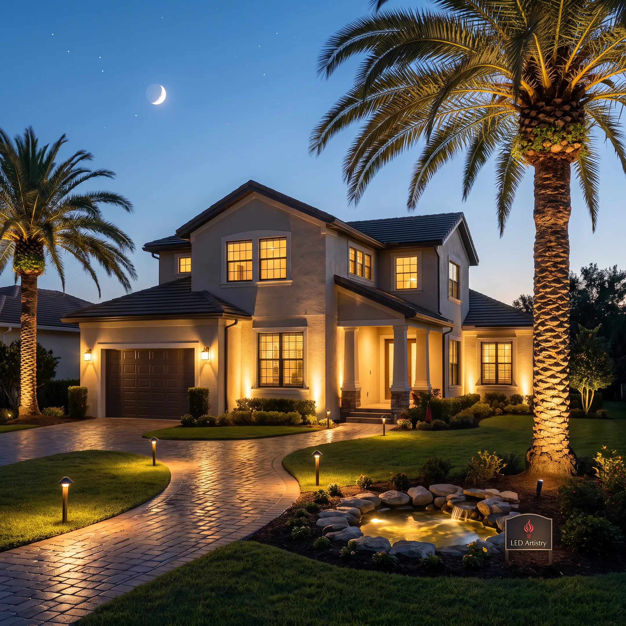 Custom LED landscape and architectural lighting at a home